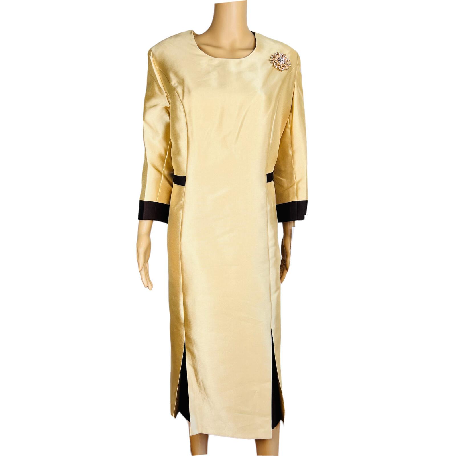 New ISAAC TAMARI Women Gold Brown Beaded Polyester Shiny Collarless Dress SZ 18