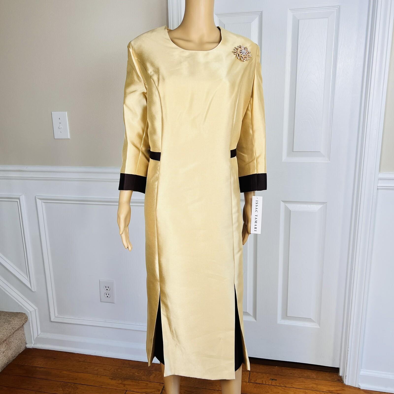 New ISAAC TAMARI Women Gold Brown Beaded Polyester Shiny Collarless Dress SZ 18