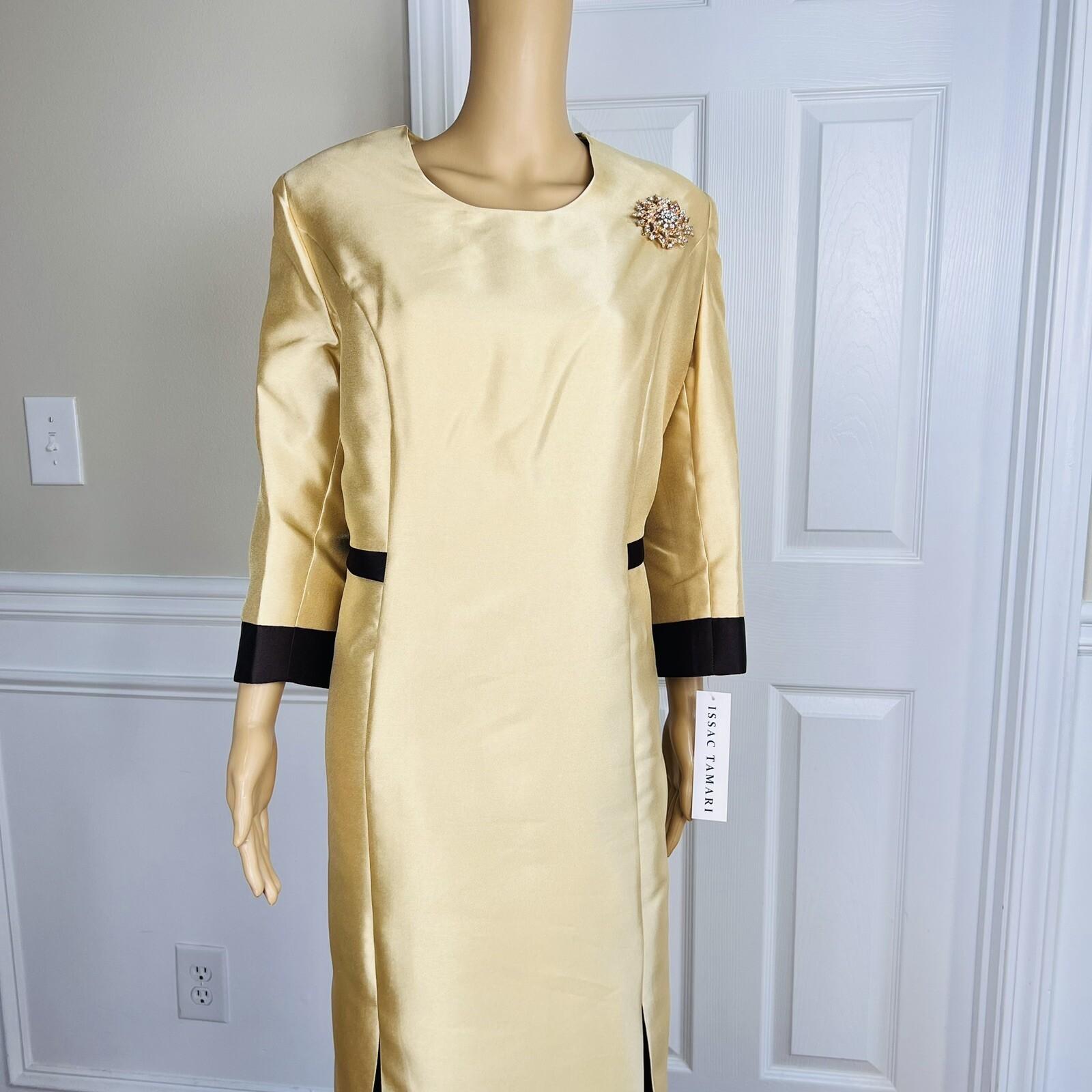 New ISAAC TAMARI Women Gold Brown Beaded Polyester Shiny Collarless Dress SZ 18