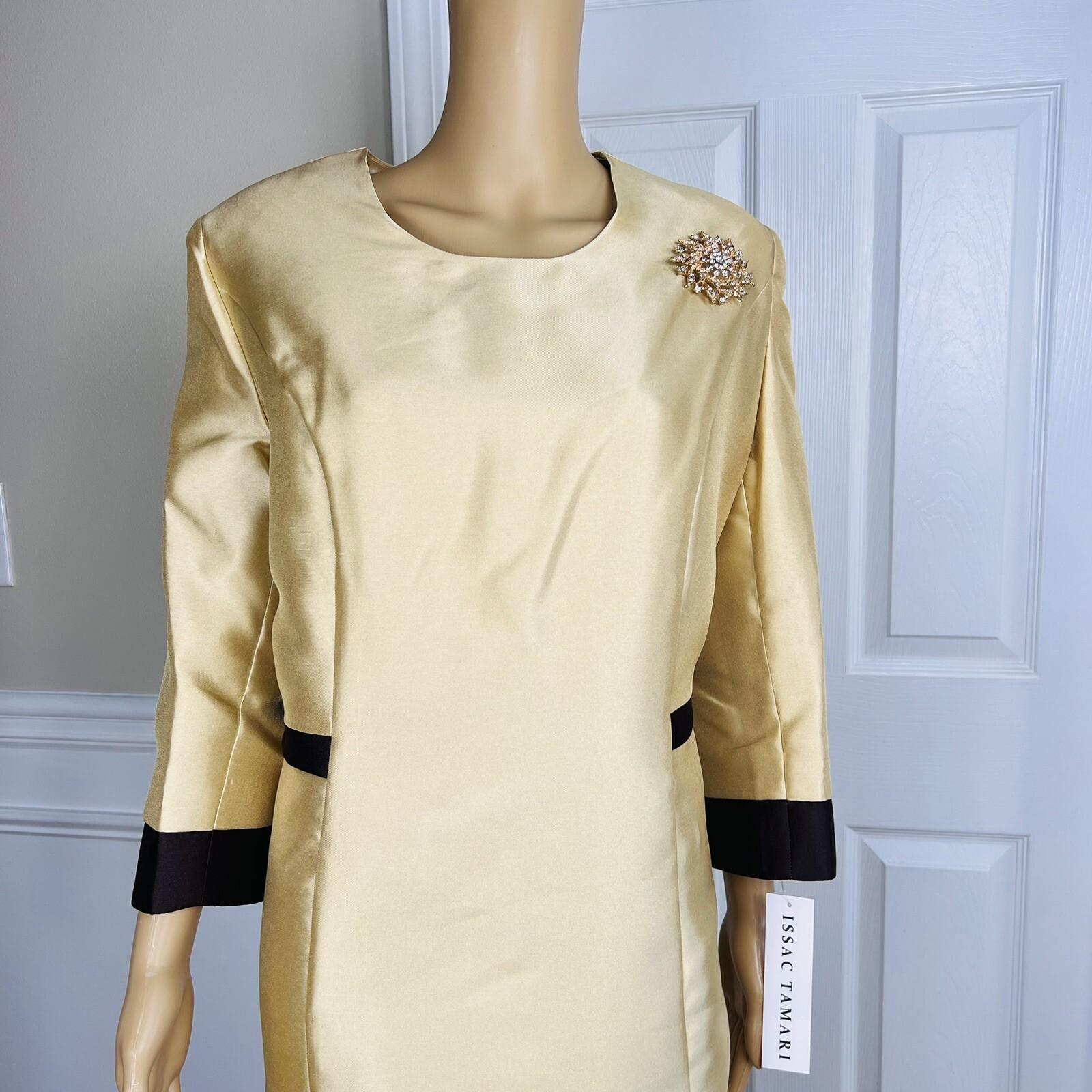 New ISAAC TAMARI Women Gold Brown Beaded Polyester Shiny Collarless Dress SZ 18