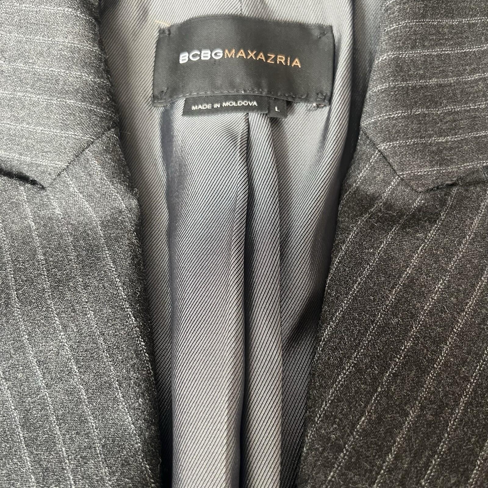 BCBGMaxazria Wool Blazer Size L gray Striped Career Quiet Luxury Peak Collar