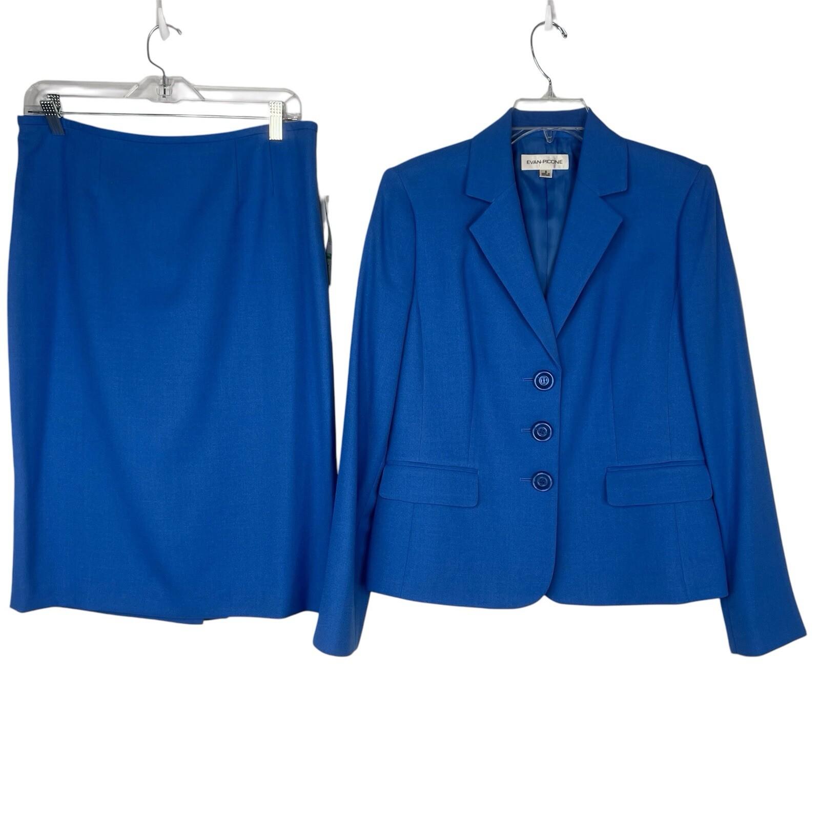 Evan Picone Polyester Skirt Suit Size 8 Blue Notch Collar Business Crepe 2PC New