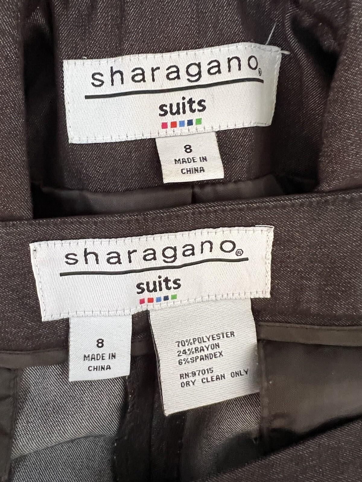 Sharagano Polyester Rayon Stretch Pant Suit 8 Brown Chambray Notch Collar 2PC