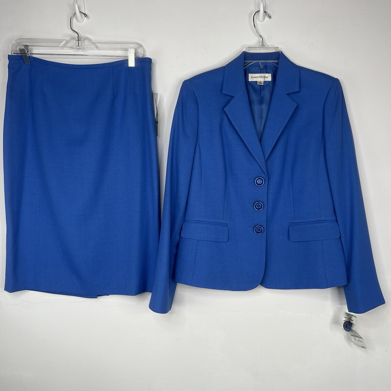 Evan Picone Polyester Skirt Suit Size 8 Blue Notch Collar Business Crepe 2PC New