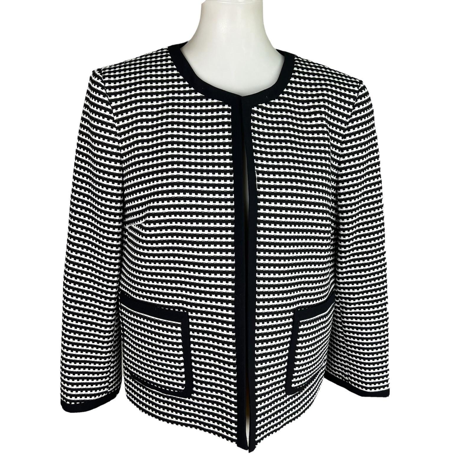 NINE WEST Black White Polyester Spandex Collarless Open Front Blazer Size 12