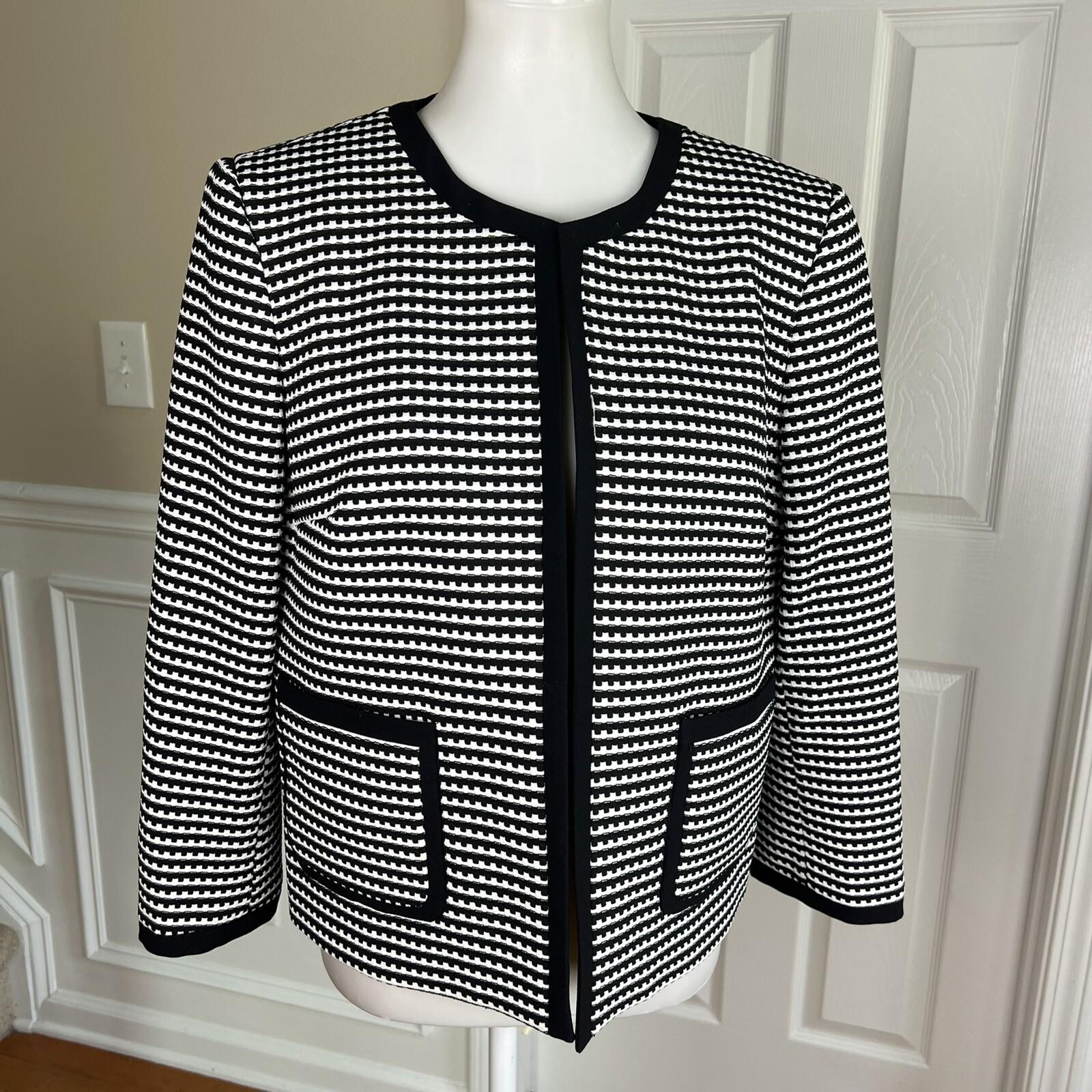 NINE WEST Black White Polyester Spandex Collarless Open Front Blazer Size 12