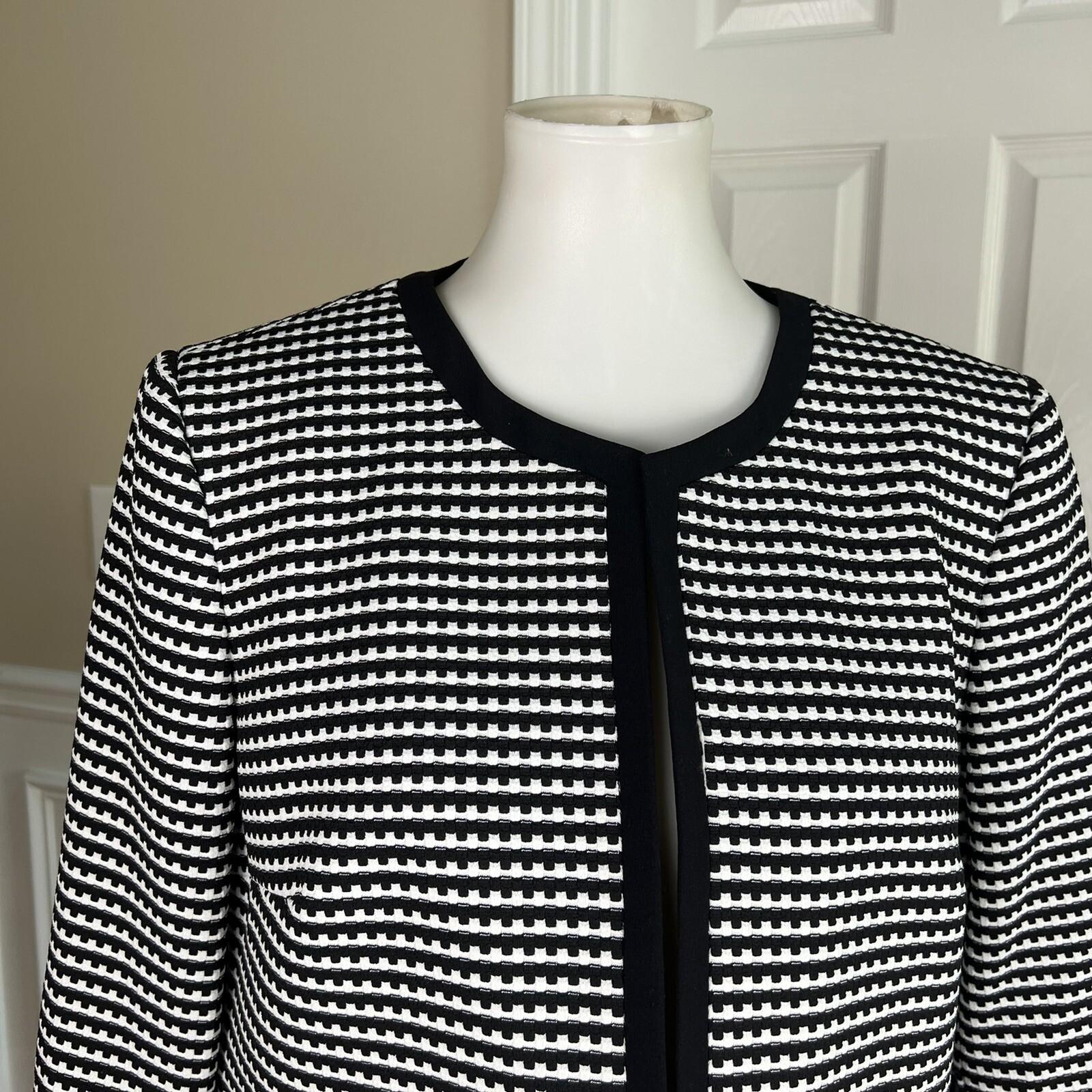 NINE WEST Black White Polyester Spandex Collarless Open Front Blazer Size 12