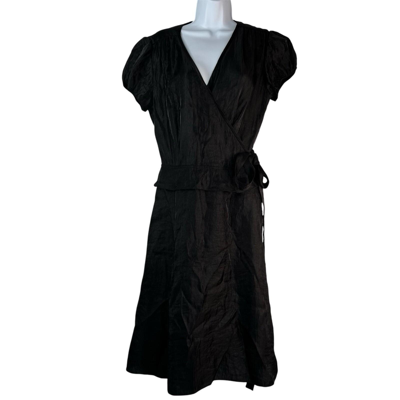 Adrianna Papell Chiffon Dress Size 12 Black Ruffle Wrap Belted Short Sleeve Midi