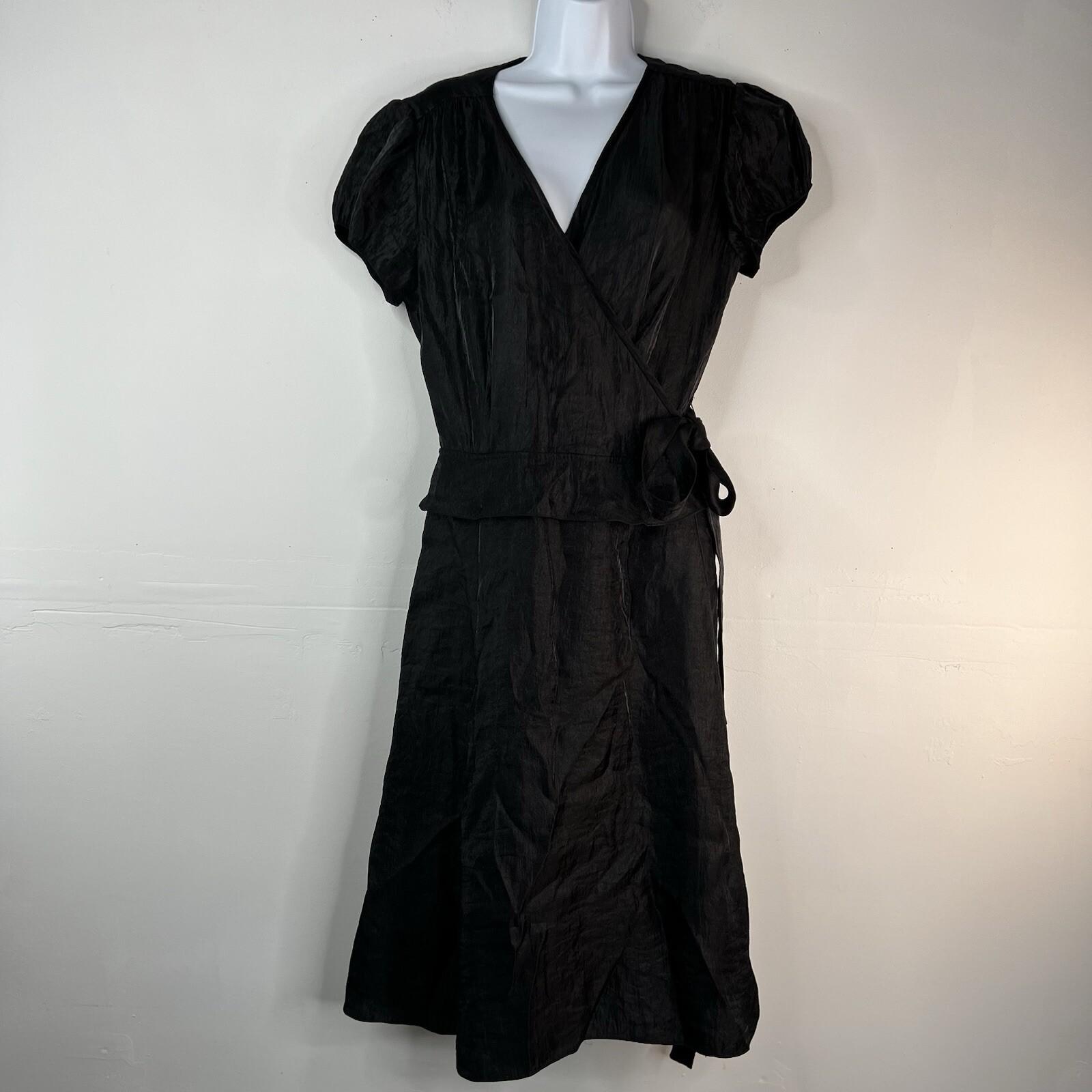 Adrianna Papell Chiffon Dress Size 12 Black Ruffle Wrap Belted Short Sleeve Midi