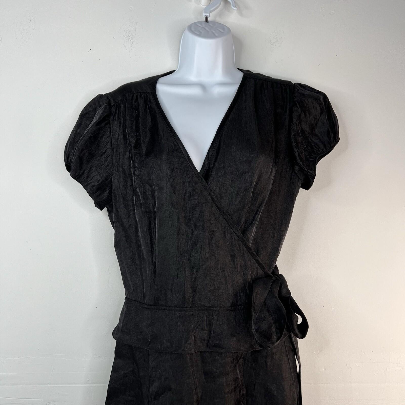 Adrianna Papell Chiffon Dress Size 12 Black Ruffle Wrap Belted Short Sleeve Midi