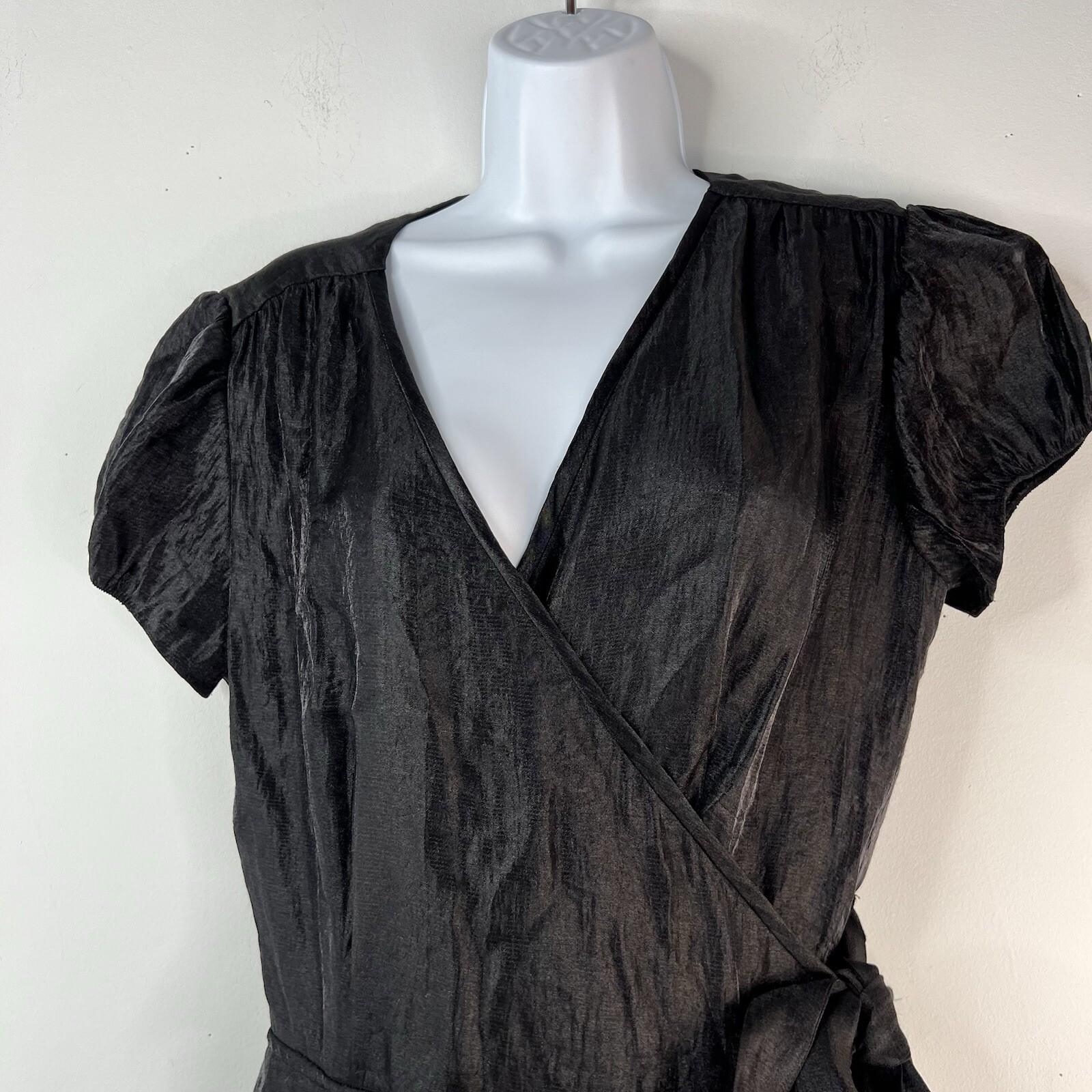 Adrianna Papell Chiffon Dress Size 12 Black Ruffle Wrap Belted Short Sleeve Midi