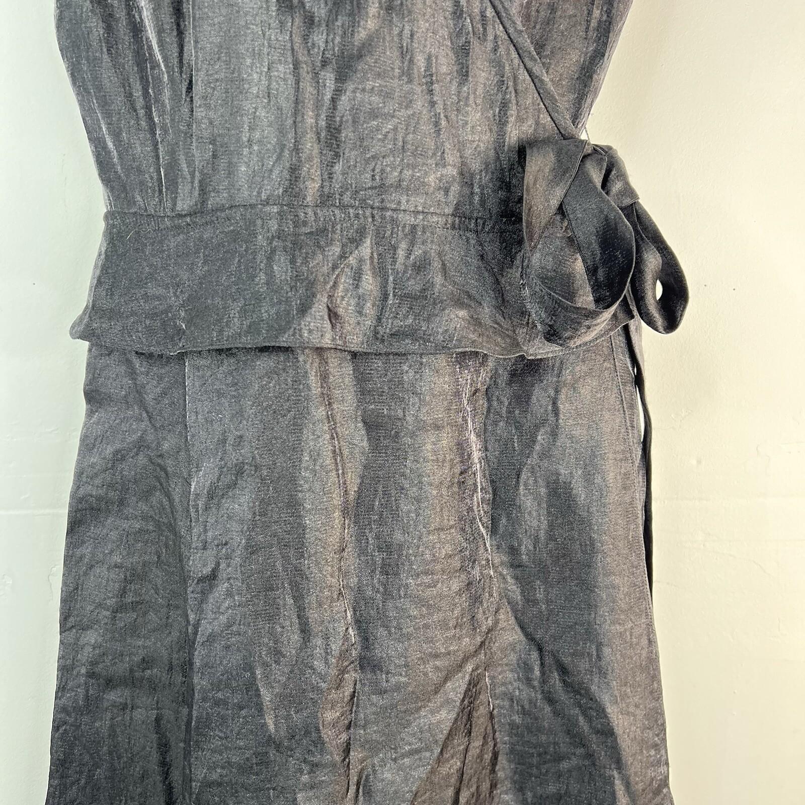 Adrianna Papell Chiffon Dress Size 12 Black Ruffle Wrap Belted Short Sleeve Midi