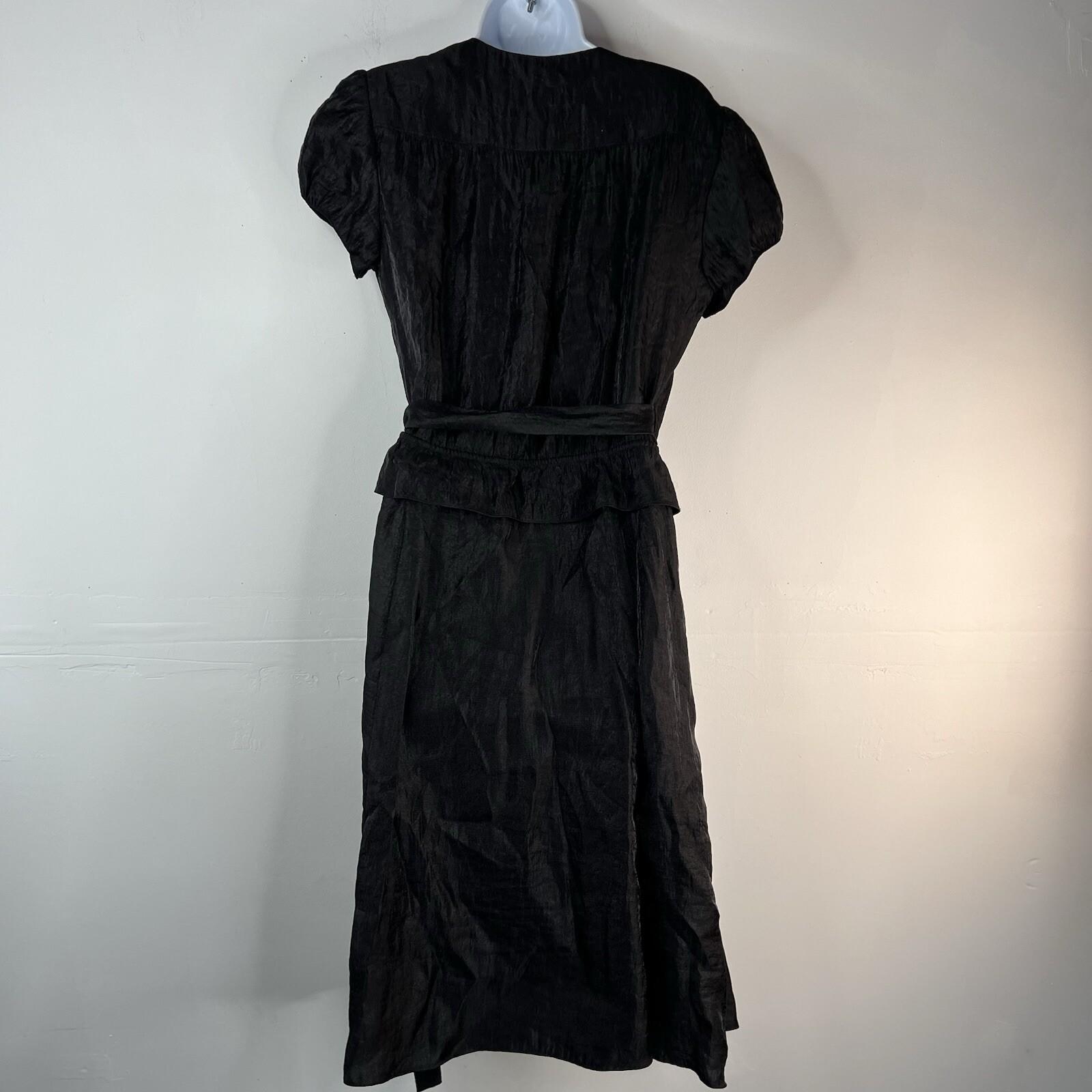 Adrianna Papell Chiffon Dress Size 12 Black Ruffle Wrap Belted Short Sleeve Midi