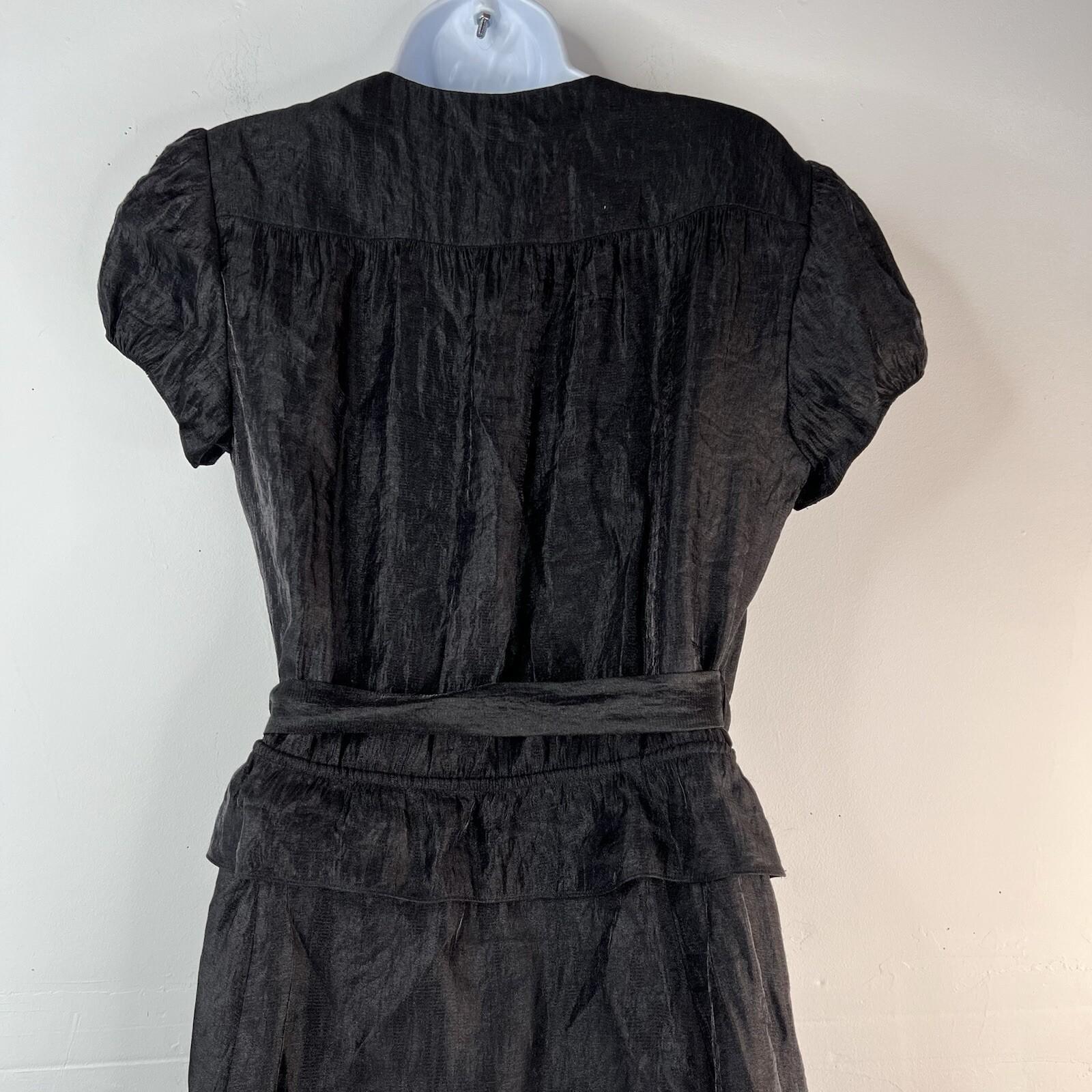 Adrianna Papell Chiffon Dress Size 12 Black Ruffle Wrap Belted Short Sleeve Midi