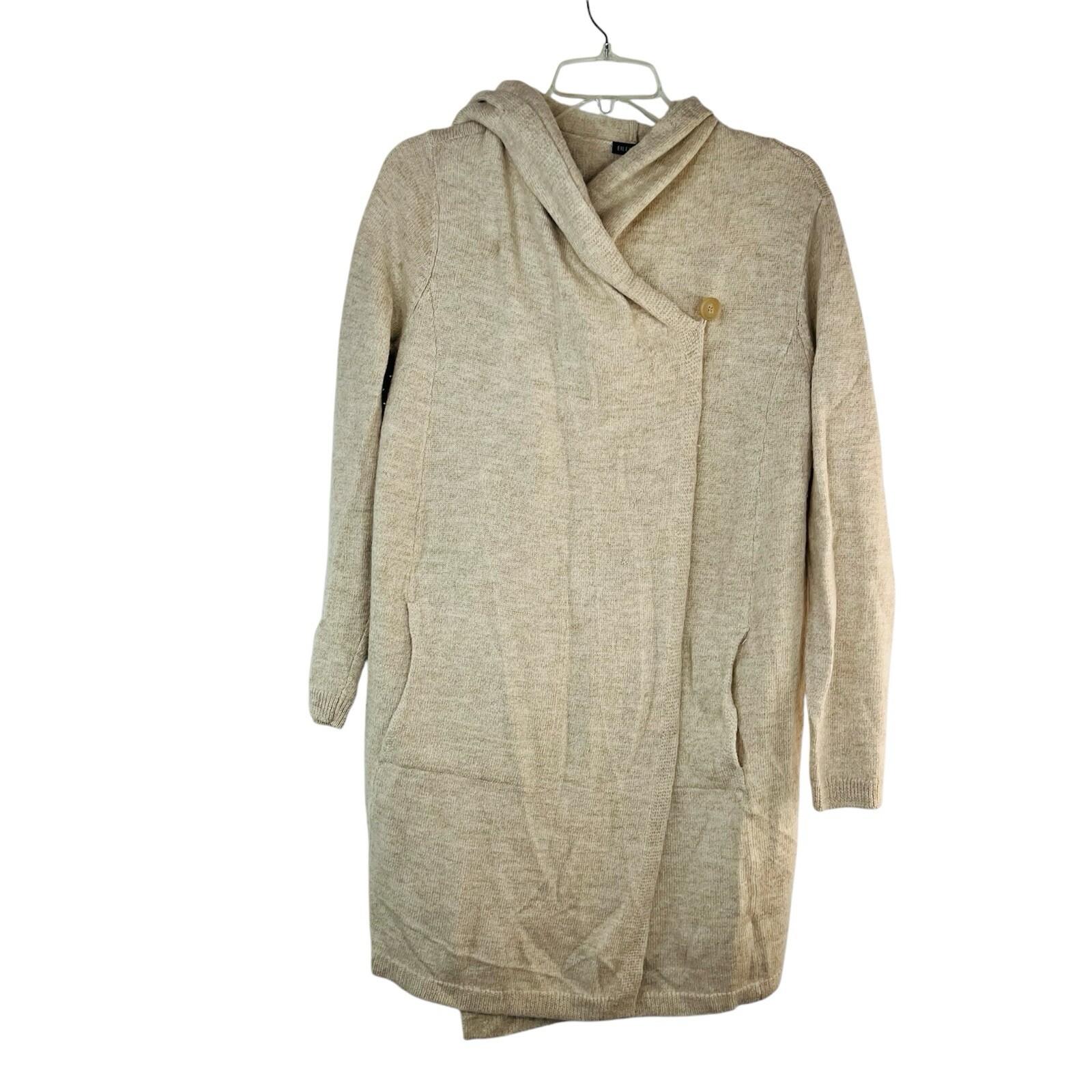 Eileen Fisher Wool Hoodie Cardigan Size M Beige Wrap Sumptuous Pockets Cozy