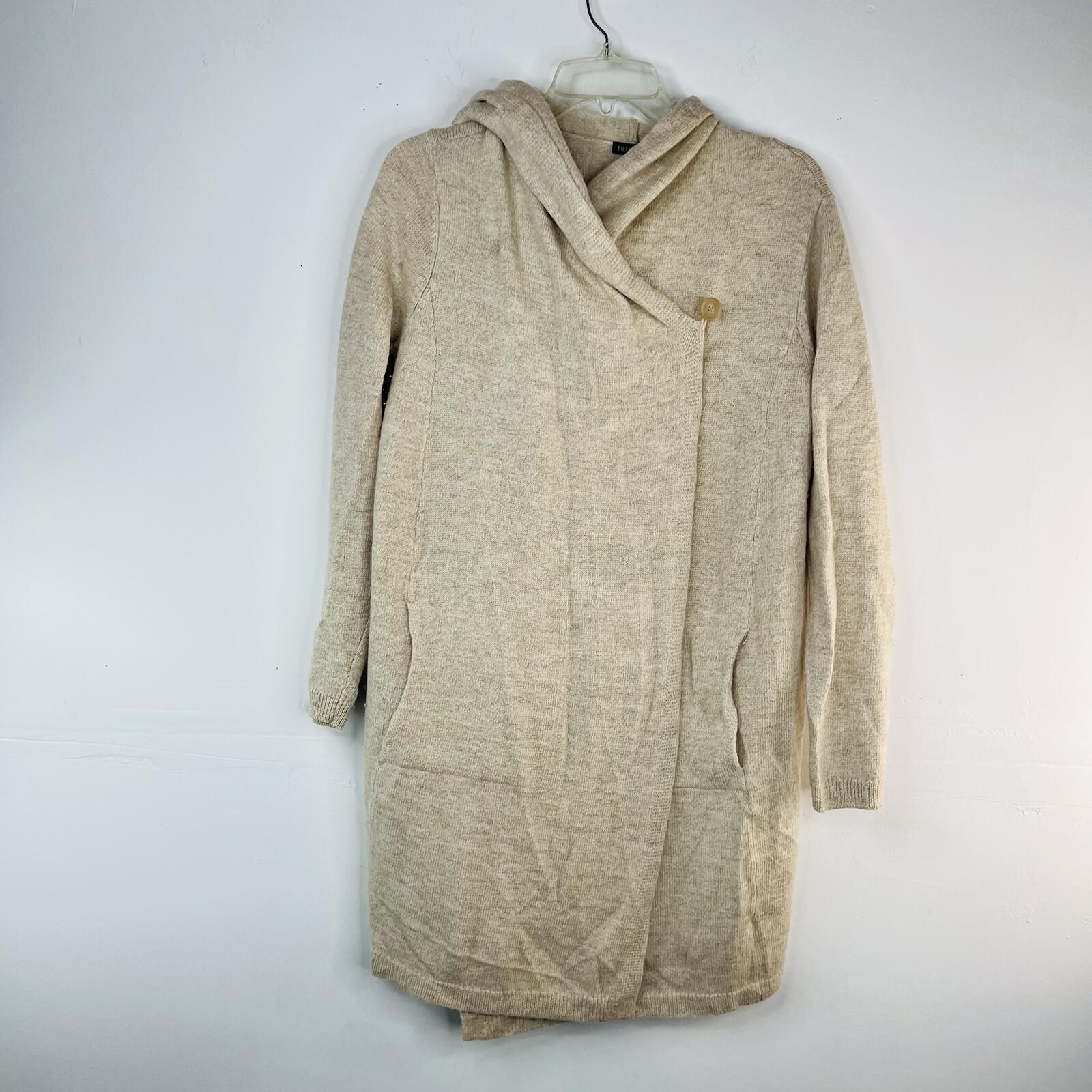 Eileen Fisher Wool Hoodie Cardigan Size M Beige Wrap Sumptuous Pockets Cozy