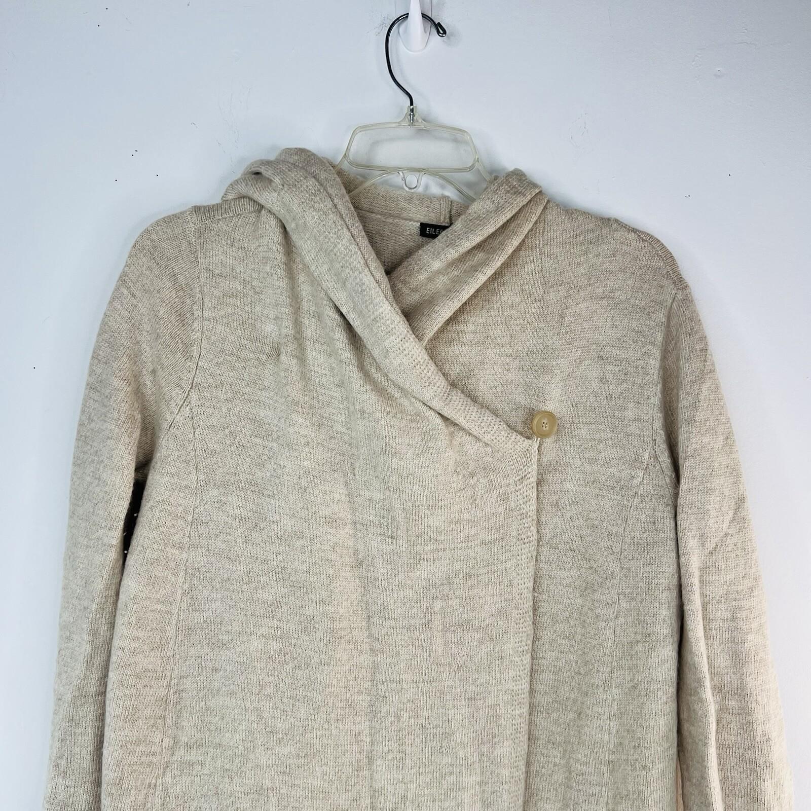 Eileen Fisher Wool Hoodie Cardigan Size M Beige Wrap Sumptuous Pockets Cozy