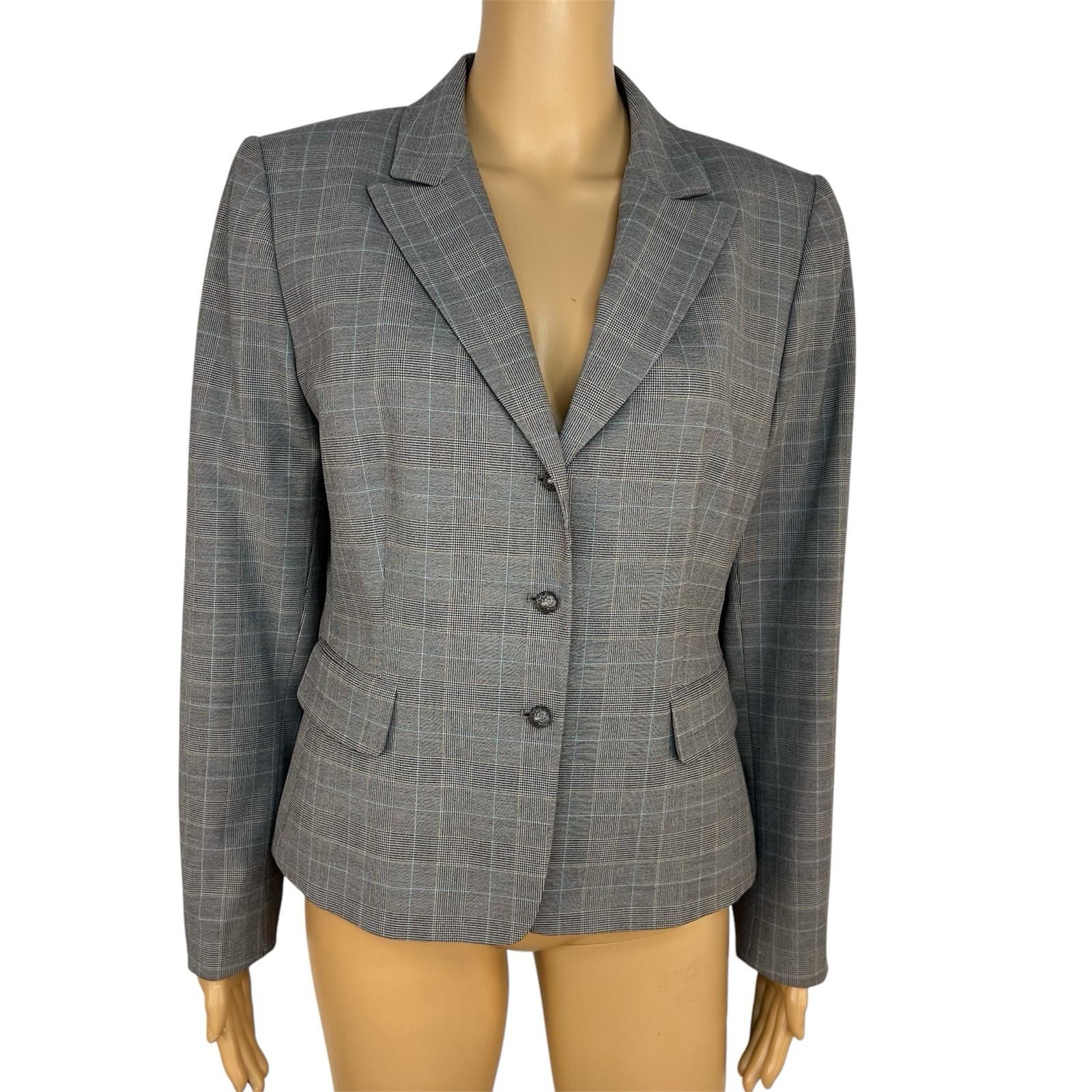 TAHARI ASL Polyester Rayon Stretch Blazer 12P Gray Pinstriped Peak Collar Career