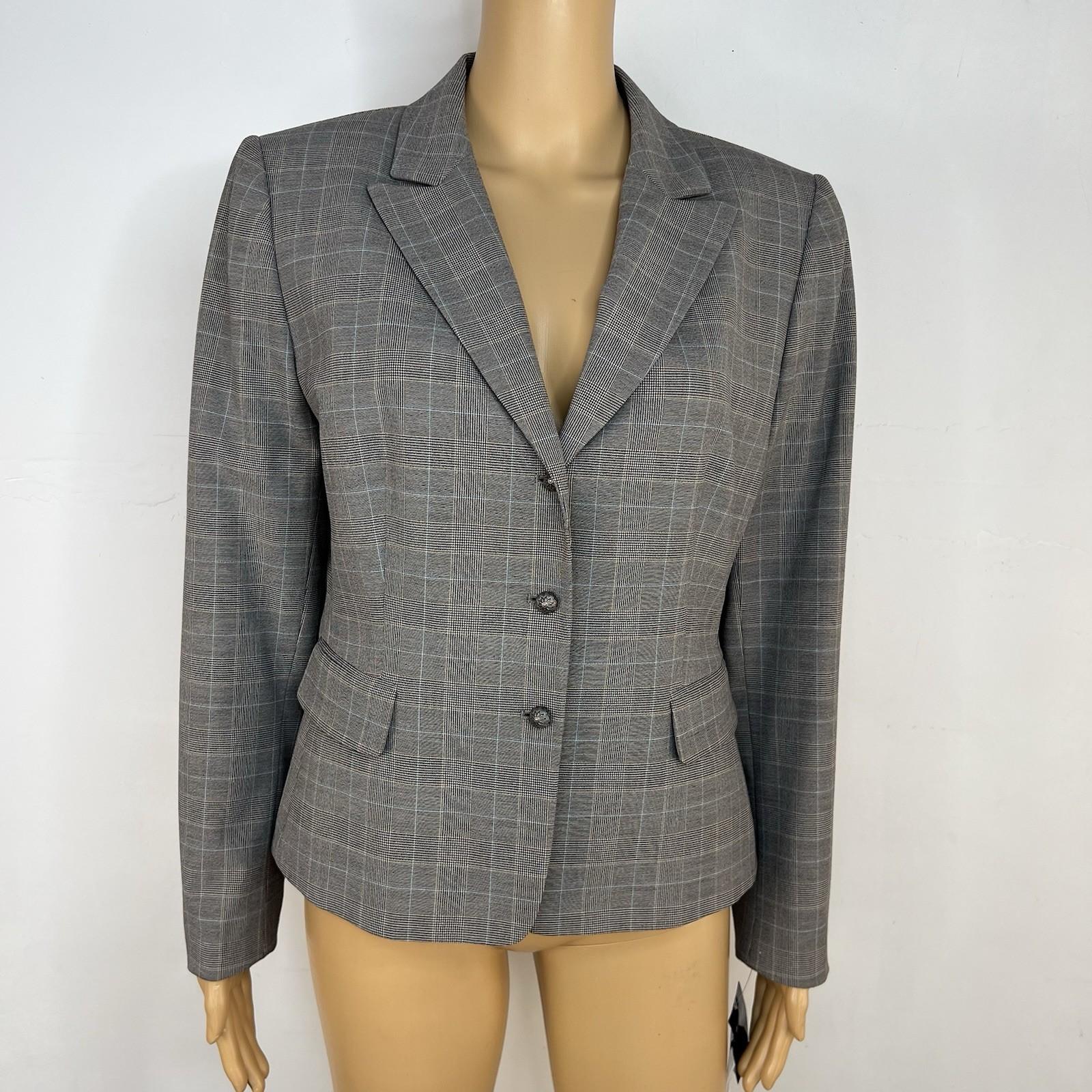 TAHARI ASL Polyester Rayon Stretch Blazer 12P Gray Pinstriped Peak Collar Career