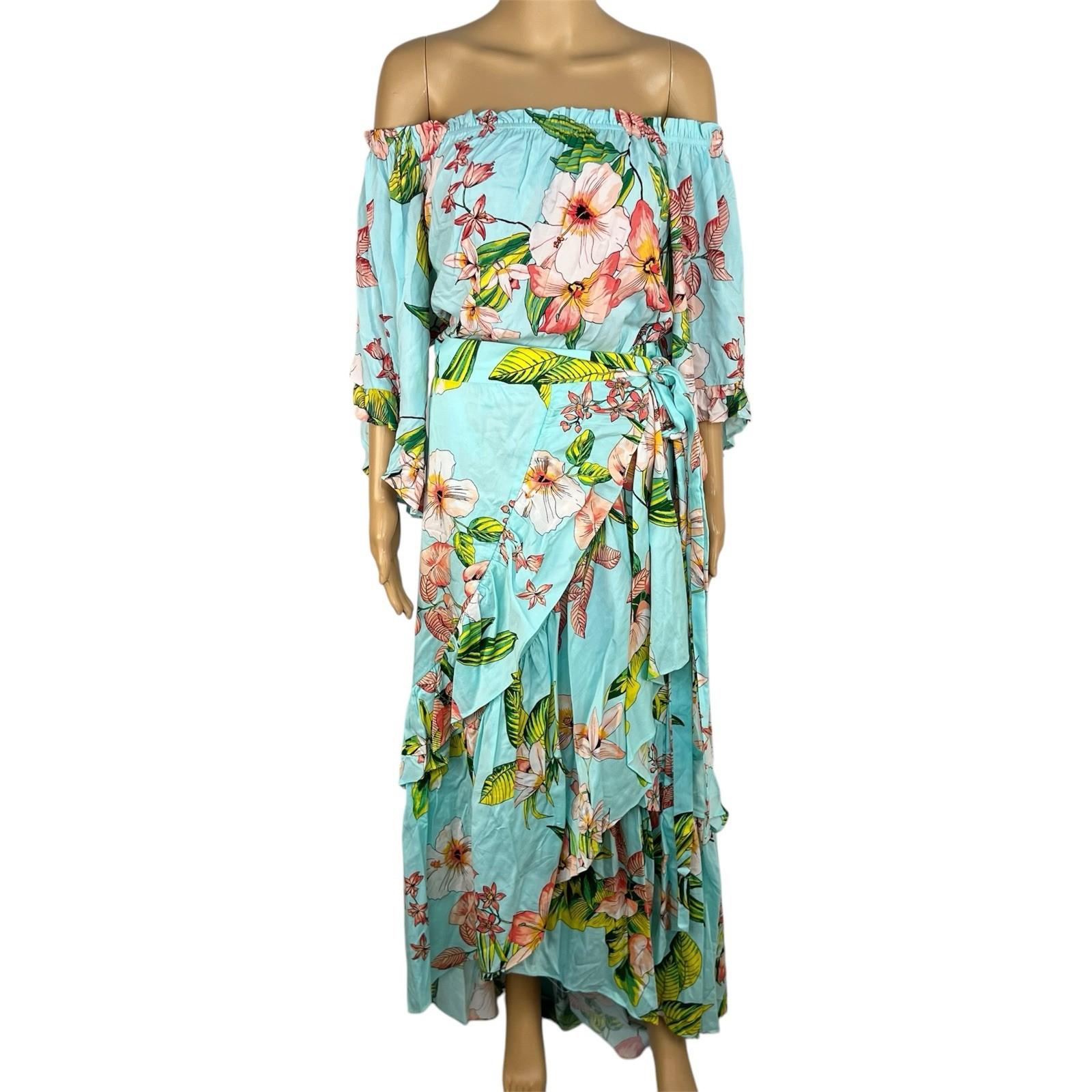 New York &Co Floral Skirt Set M Tall Hawaiian Tropical Wrap Ruffle High Low New