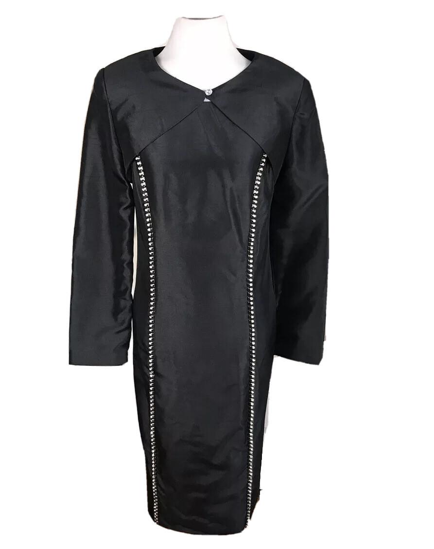 New STACY ADAMS Womens 2 PC Stunning Satin Black Beaded Dress Cardigan Size 10