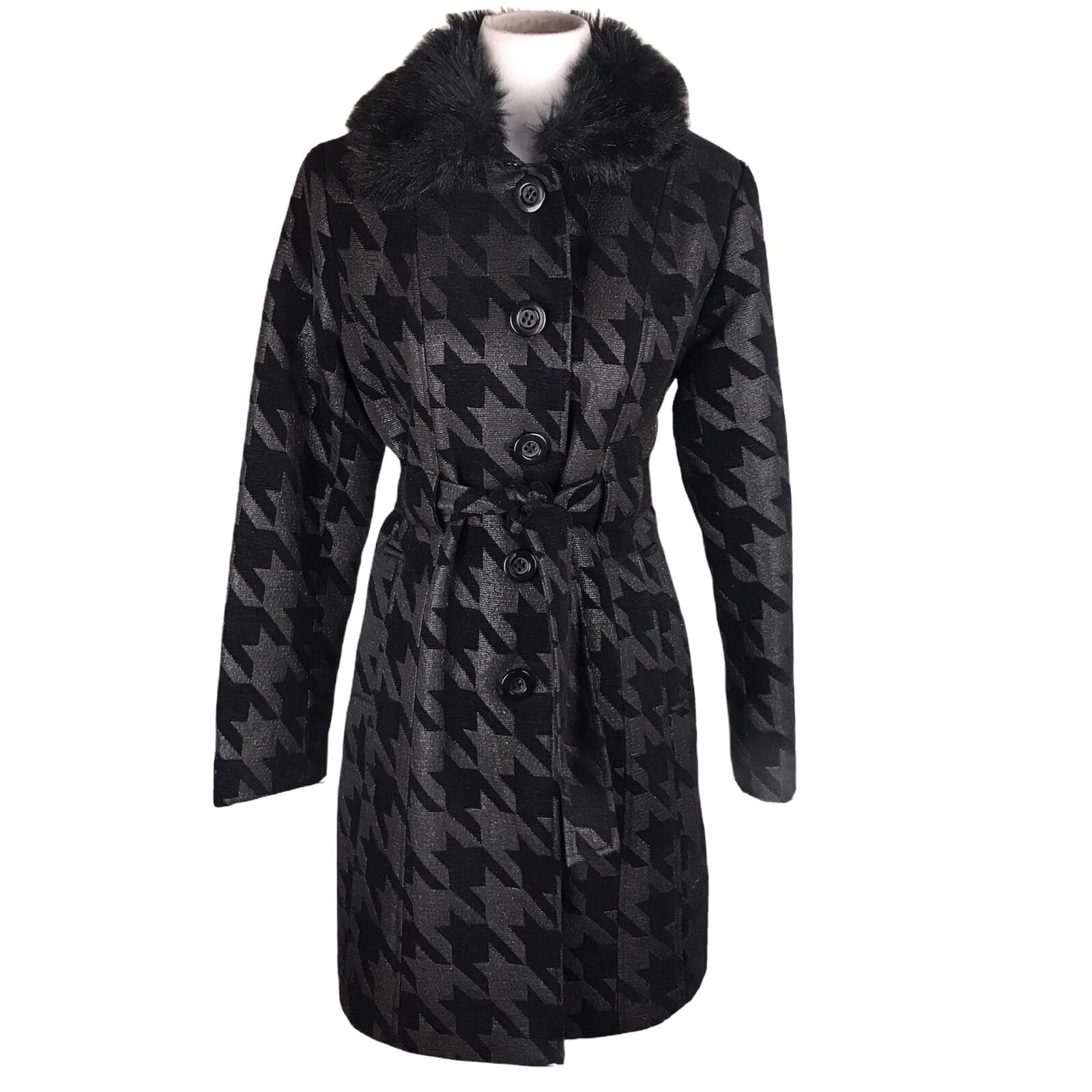 CATO Women Black Metallic Faux Fur Cotton Blend Belted Coat Size S