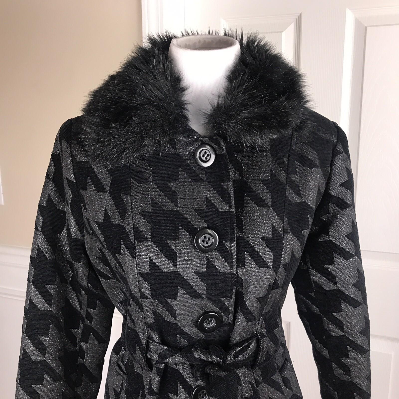 CATO Women Black Metallic Faux Fur Cotton Blend Belted Coat Size S