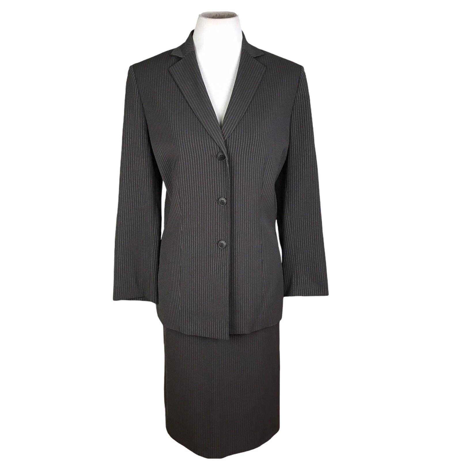 ANNE KLEIN Women 2 PC Brown Striped Polyester Blend Skirt Suit Size 10