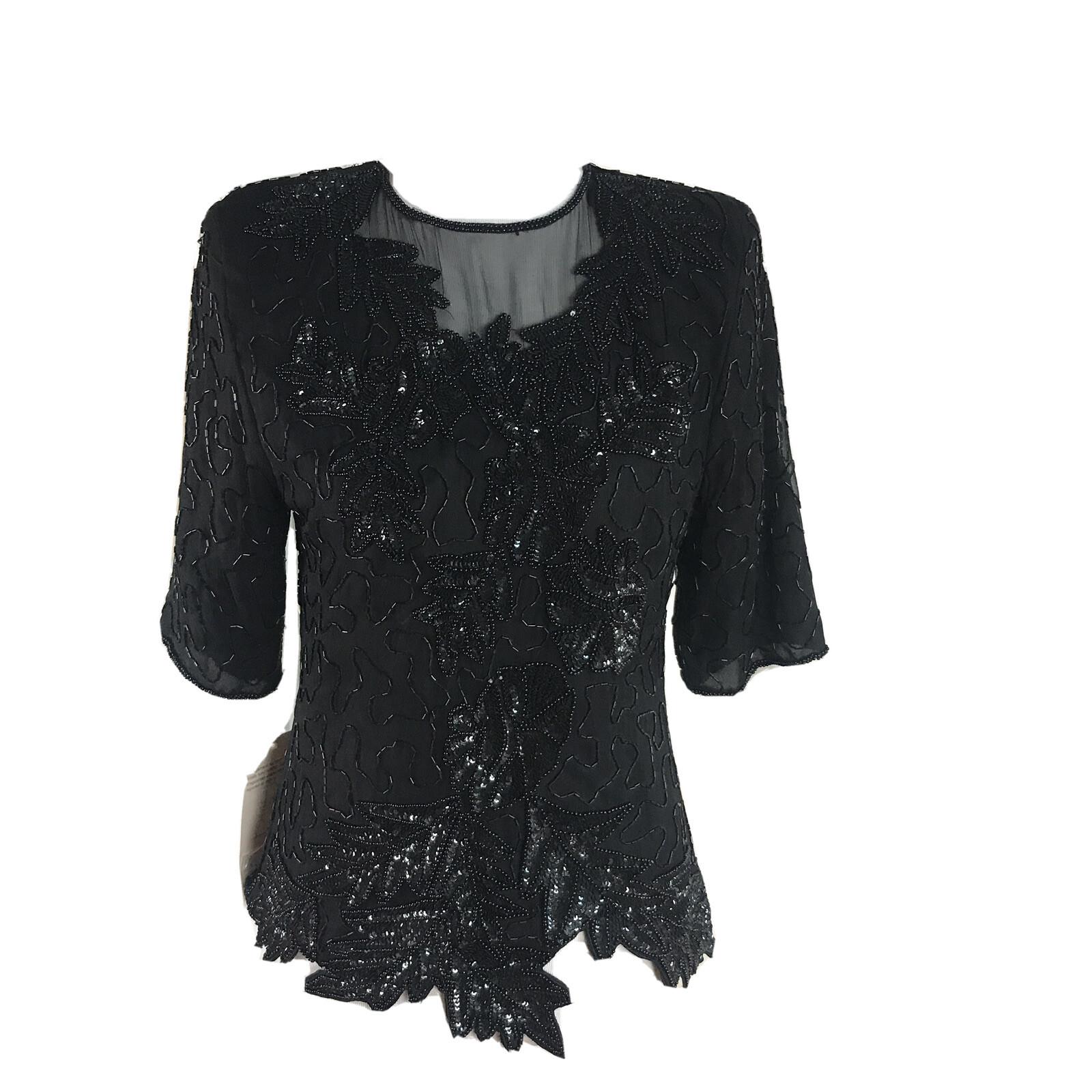JAMES RIVER TRADERS Women Black Beaded Silk Sleeveless Top Size S