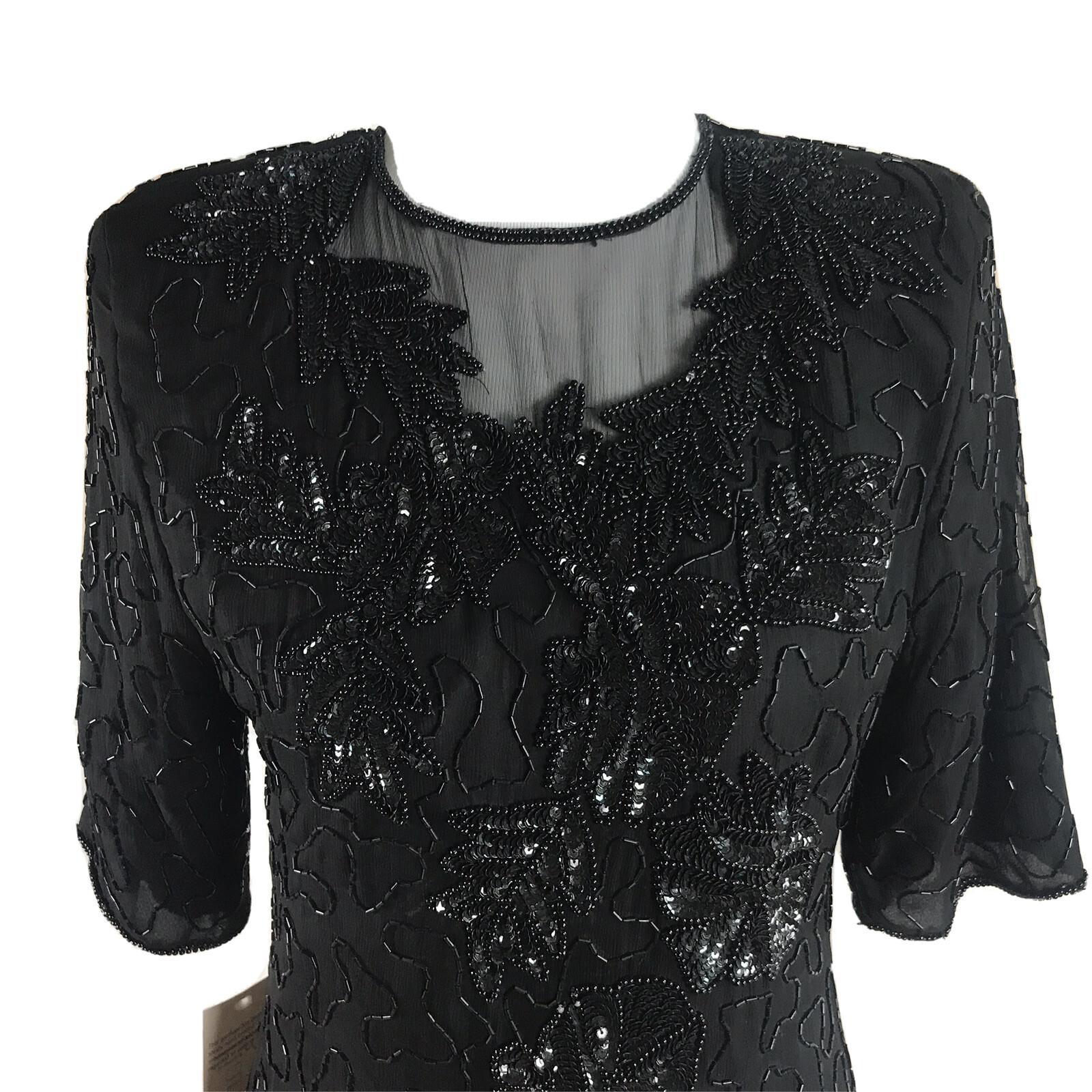 JAMES RIVER TRADERS Women Black Beaded Silk Sleeveless Top Size S
