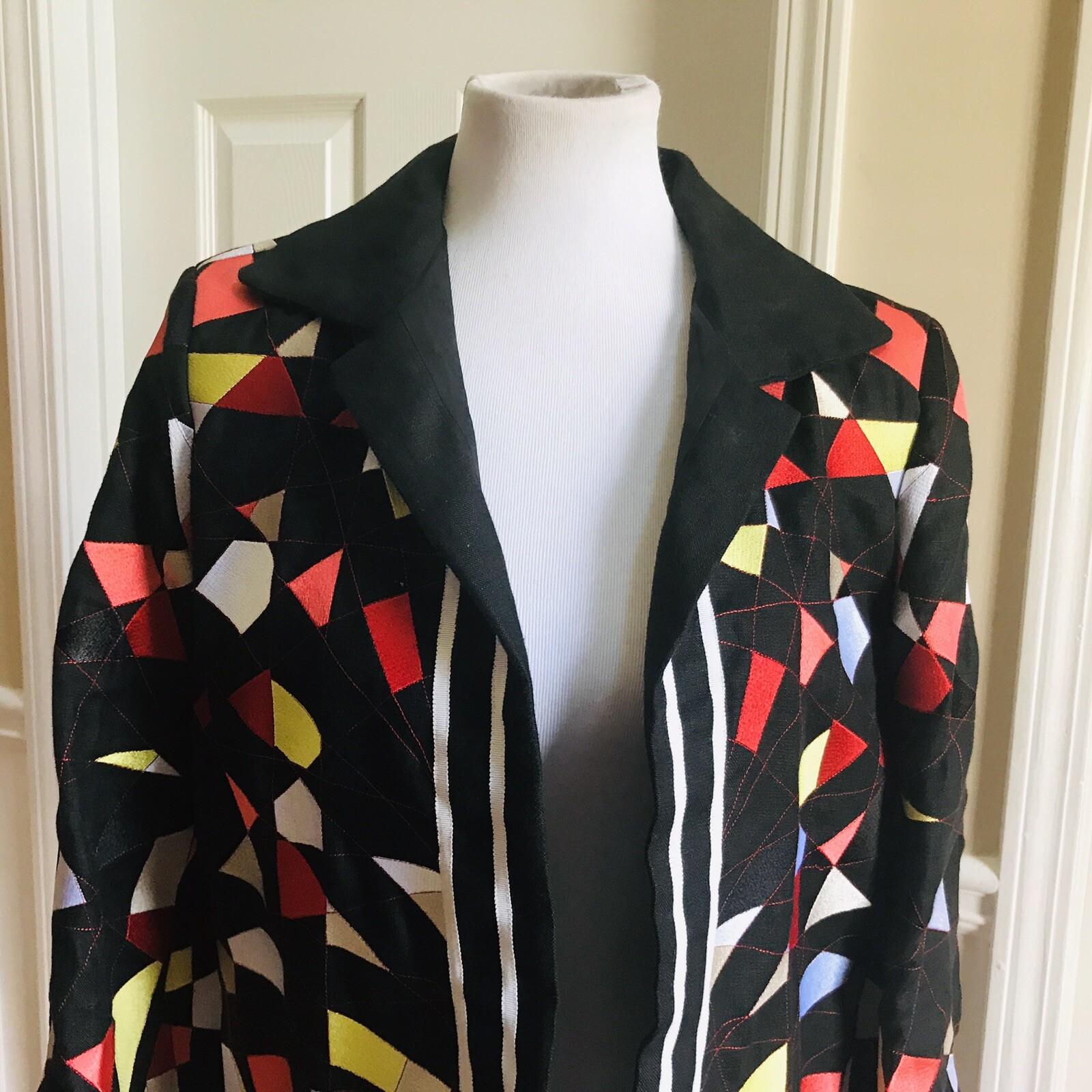 Linda Allard Women Linen Blazer Jacket Multi Colored Open Front Size 6