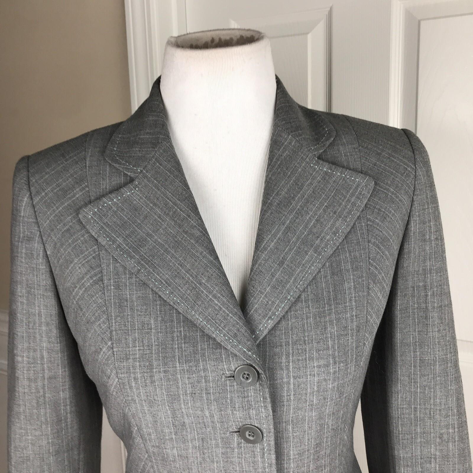 TAHARI Women Single Breasted Gray Striped Wool Blend Blazer Size 4