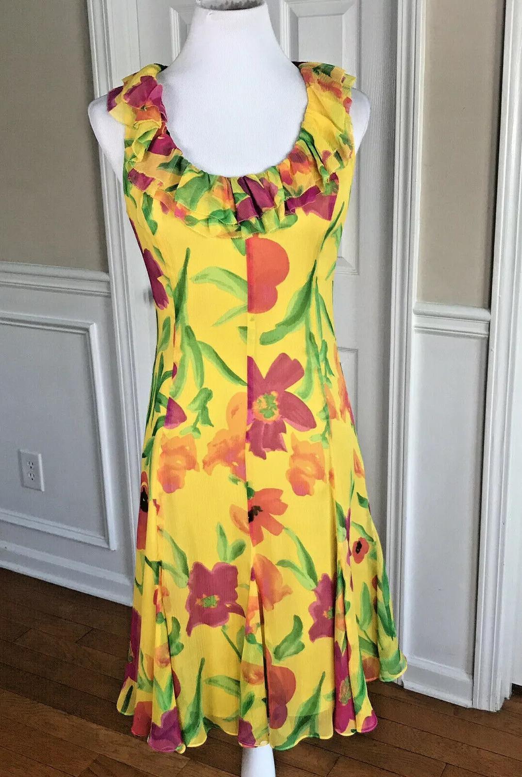 LAUREN RALPH LAUREN Floral Multicolore Ruffle Silk Dress 6 Sleeveless Prairie
