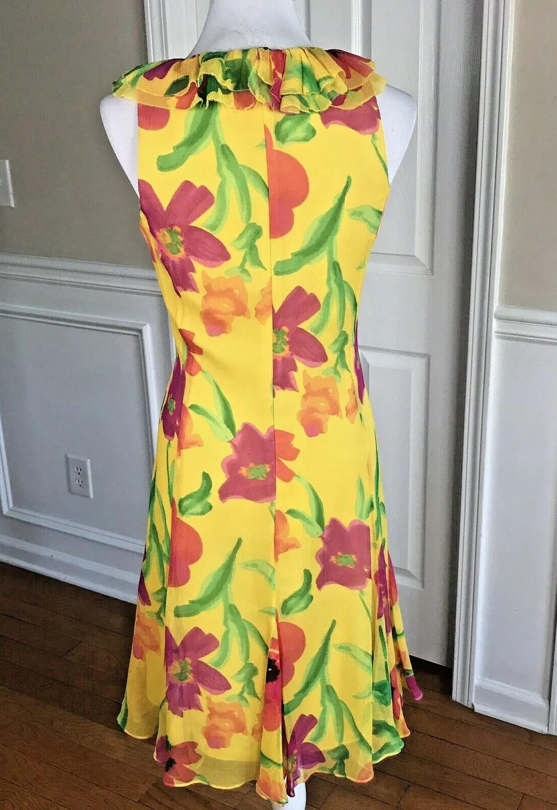 LAUREN RALPH LAUREN Floral Multicolore Ruffle Silk Dress 6 Sleeveless Prairie