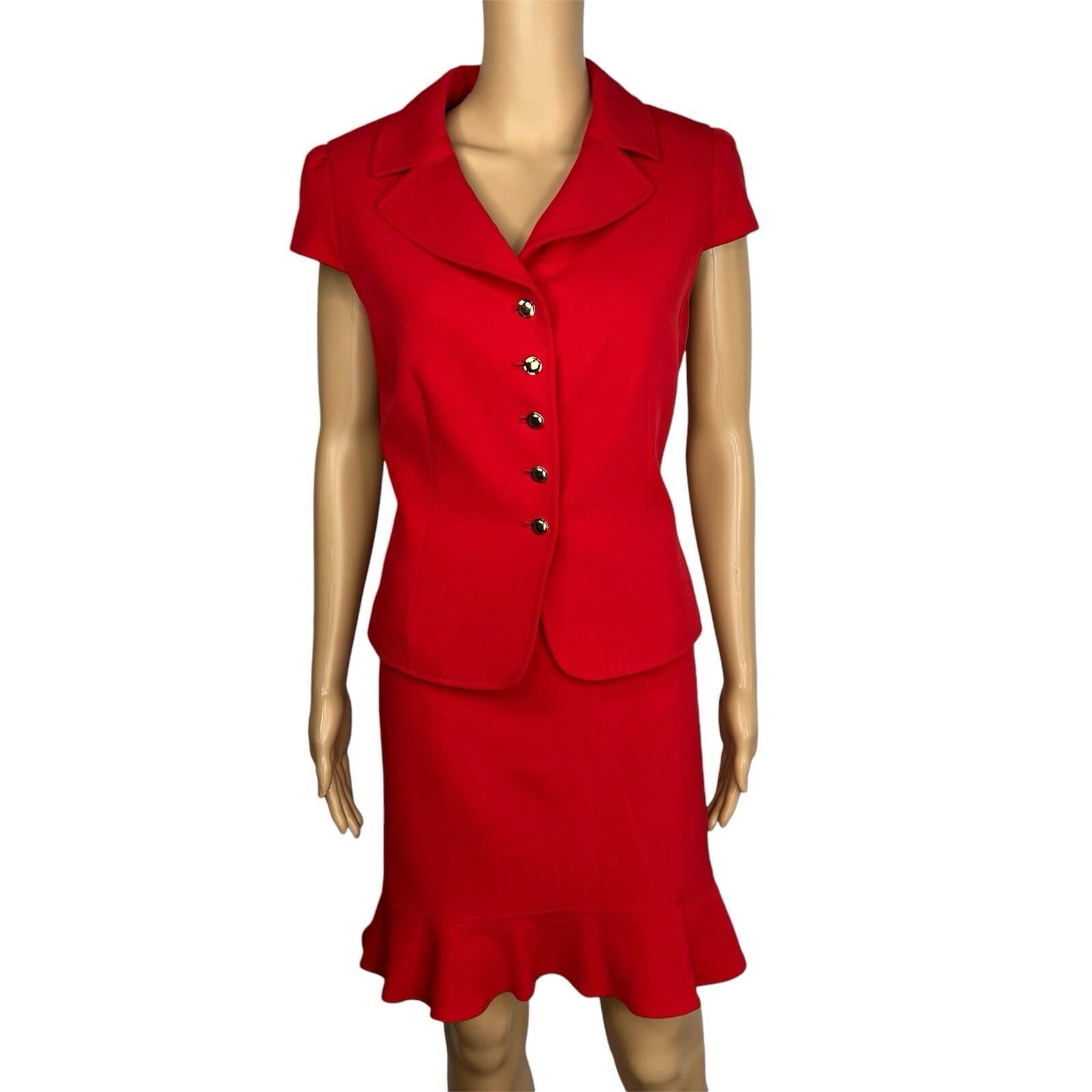 10-5853.jpg Tahari ASL Polyester Stretch Skirt Suit 10P Red Lined Ruffle Sleeveless 2PC