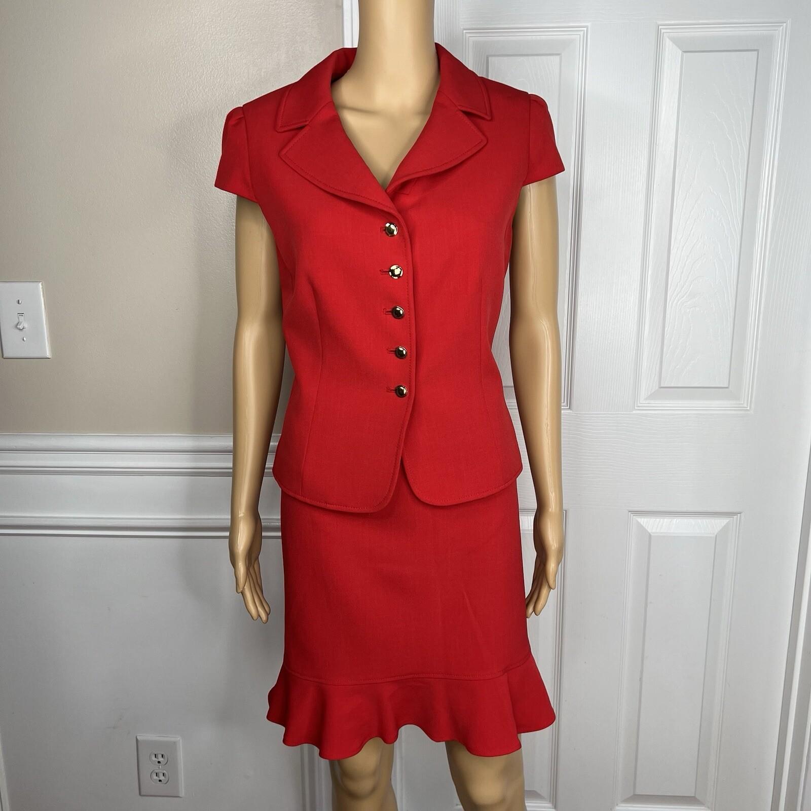 10-5854.jpg Tahari ASL Polyester Stretch Skirt Suit 10P Red Lined Ruffle Sleeveless 2PC
