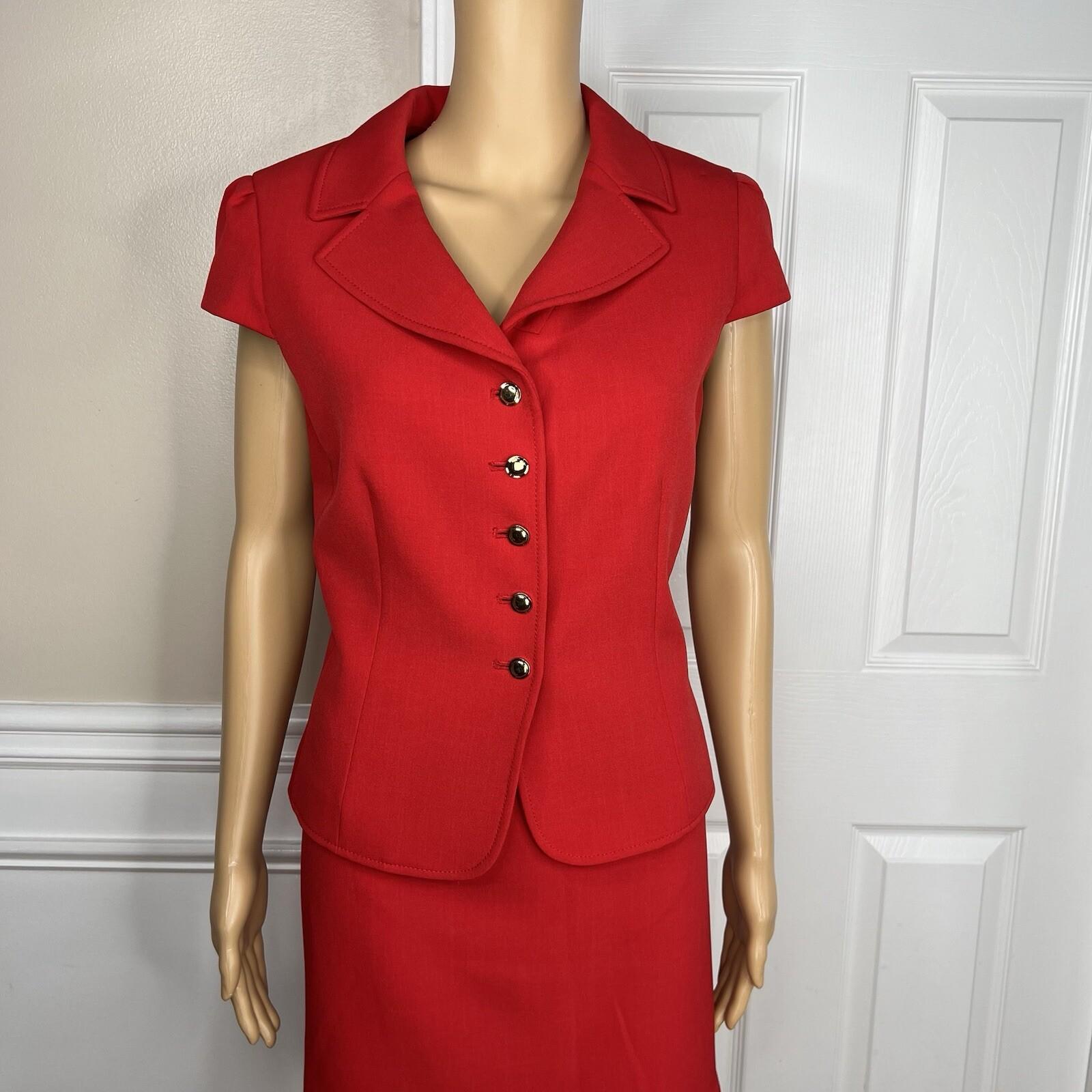 10-5855.jpg Tahari ASL Polyester Stretch Skirt Suit 10P Red Lined Ruffle Sleeveless 2PC