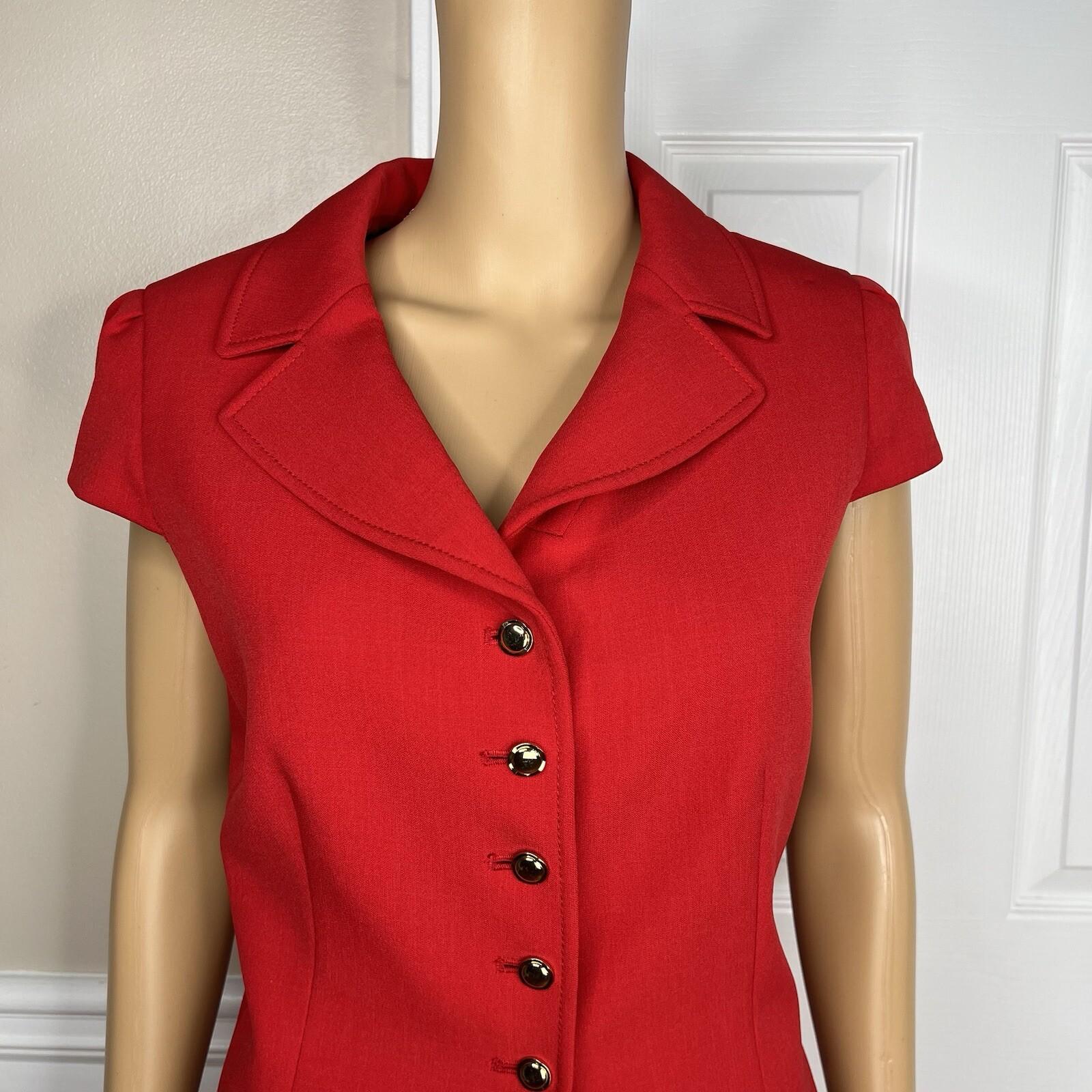 10-5856.jpg Tahari ASL Polyester Stretch Skirt Suit 10P Red Lined Ruffle Sleeveless 2PC