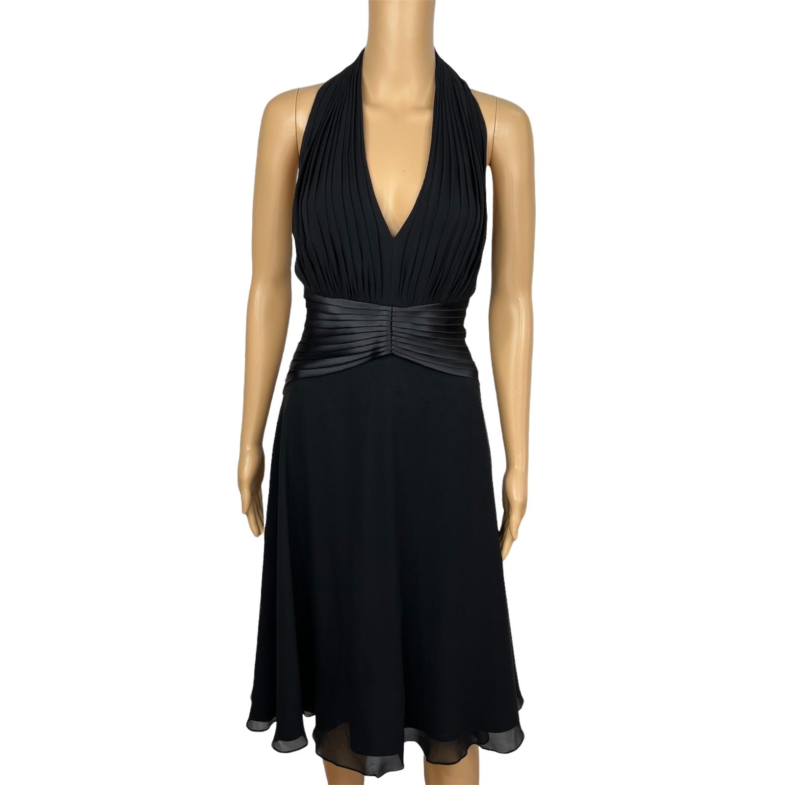Tadashi Shoji Silk Satin Dress Size 10P Gothic Black Halter Sleeveless Open Back
