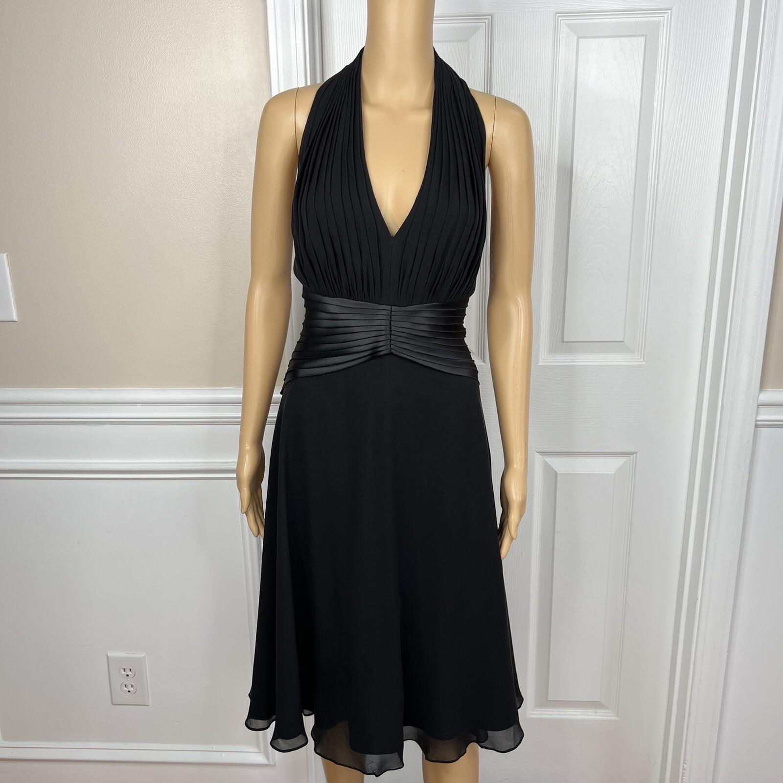 Tadashi Shoji Silk Satin Dress Size 10P Gothic Black Halter Sleeveless Open Back