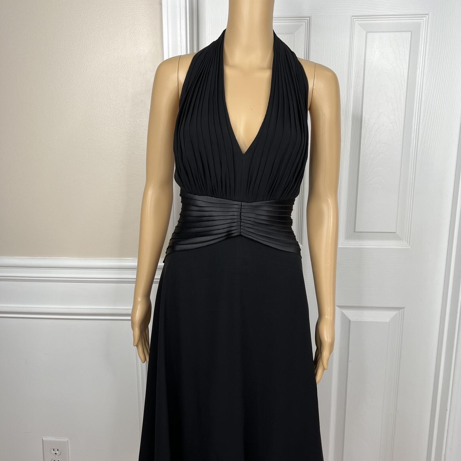 Tadashi Shoji Silk Satin Dress Size 10P Gothic Black Halter Sleeveless Open Back