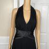 Tadashi Shoji Silk Satin Dress Size 10P Gothic Black Halter Sleeveless Open Back