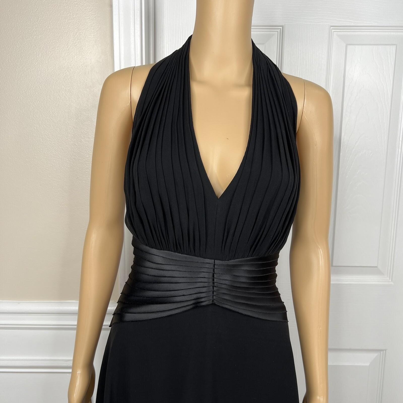 Tadashi Shoji Silk Satin Dress Size 10P Gothic Black Halter Sleeveless Open Back