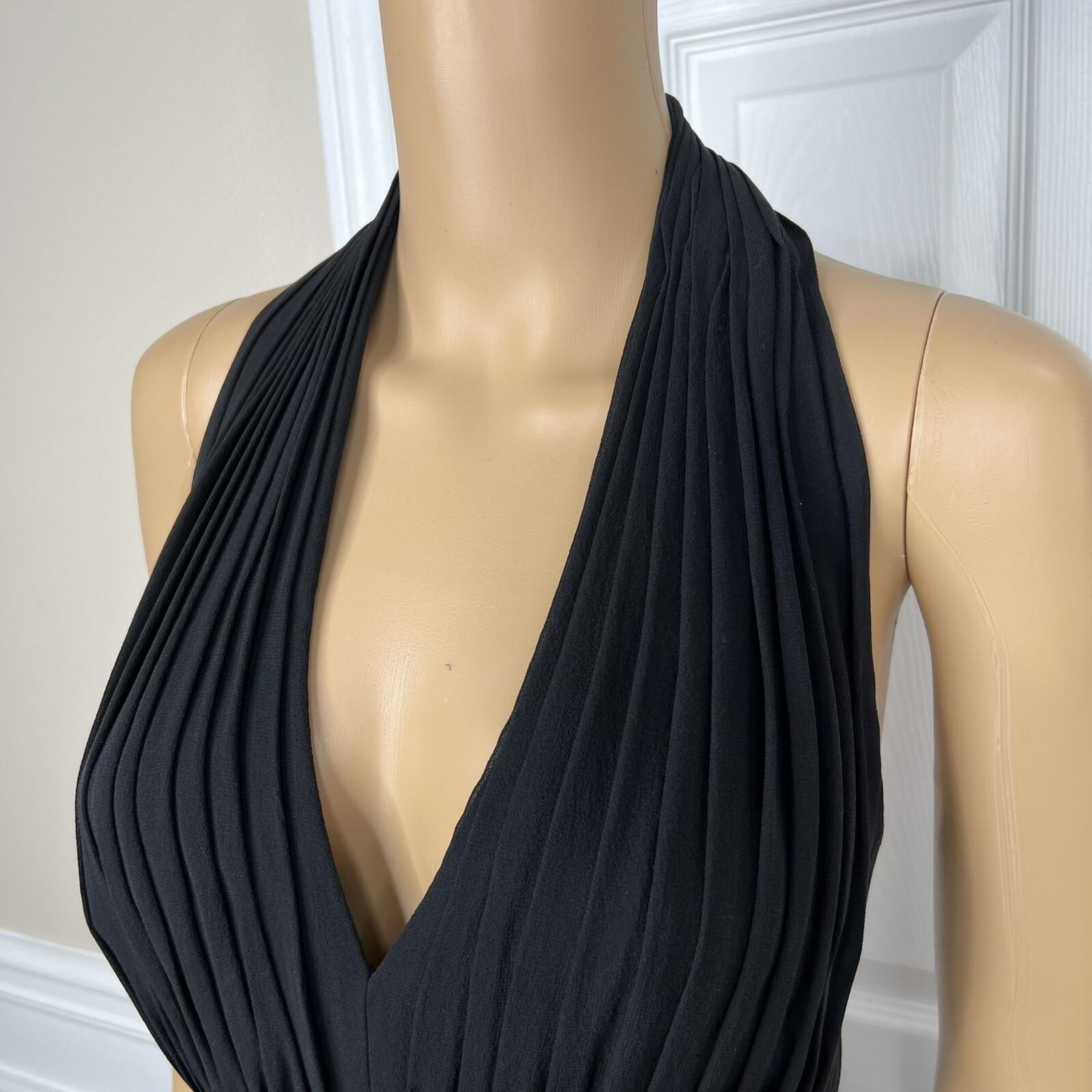Tadashi Shoji Silk Satin Dress Size 10P Gothic Black Halter Sleeveless Open Back