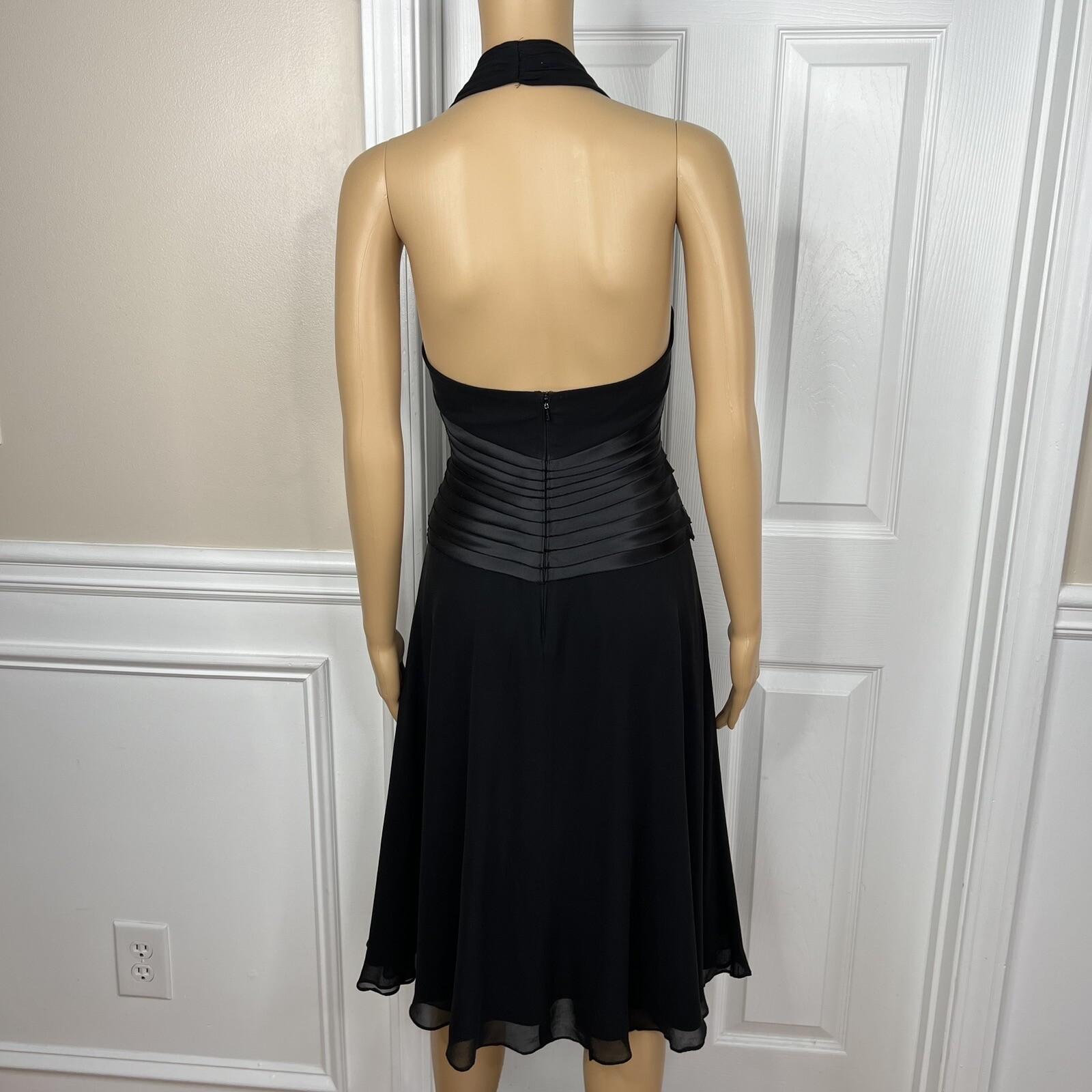 Tadashi Shoji Silk Satin Dress Size 10P Gothic Black Halter Sleeveless Open Back