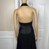 Tadashi Shoji Silk Satin Dress Size 10P Gothic Black Halter Sleeveless Open Back