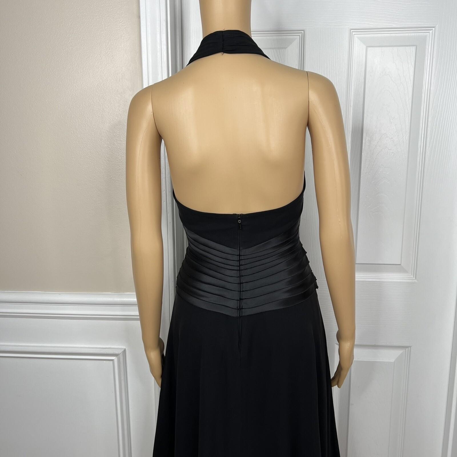 Tadashi Shoji Silk Satin Dress Size 10P Gothic Black Halter Sleeveless Open Back