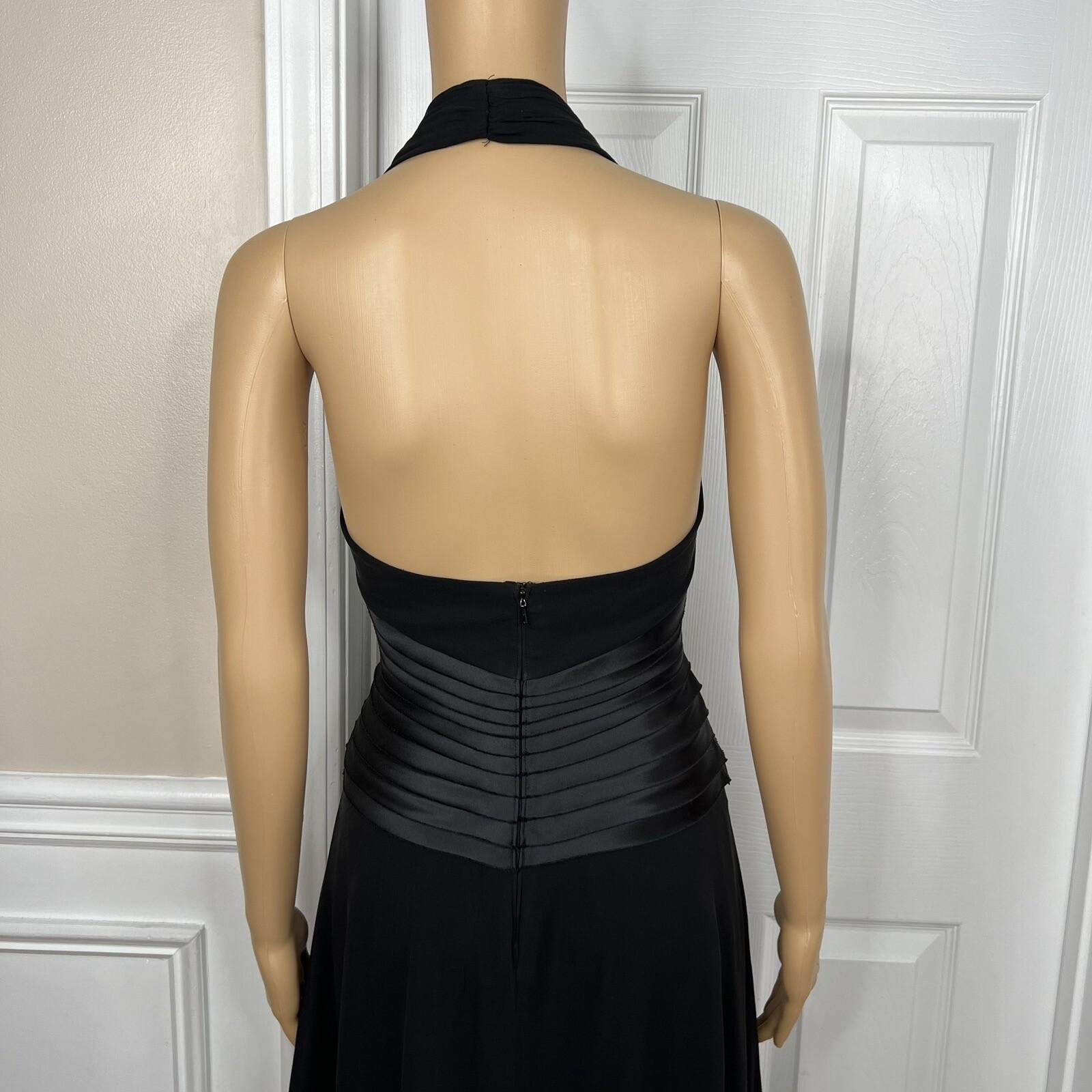 Tadashi Shoji Silk Satin Dress Size 10P Gothic Black Halter Sleeveless Open Back