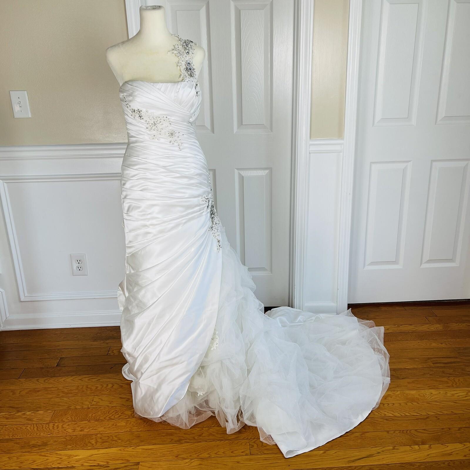 KITTY CHEN White Beaded One Shoulder Pleated Lace Corset Wedding Dress Size 2-4