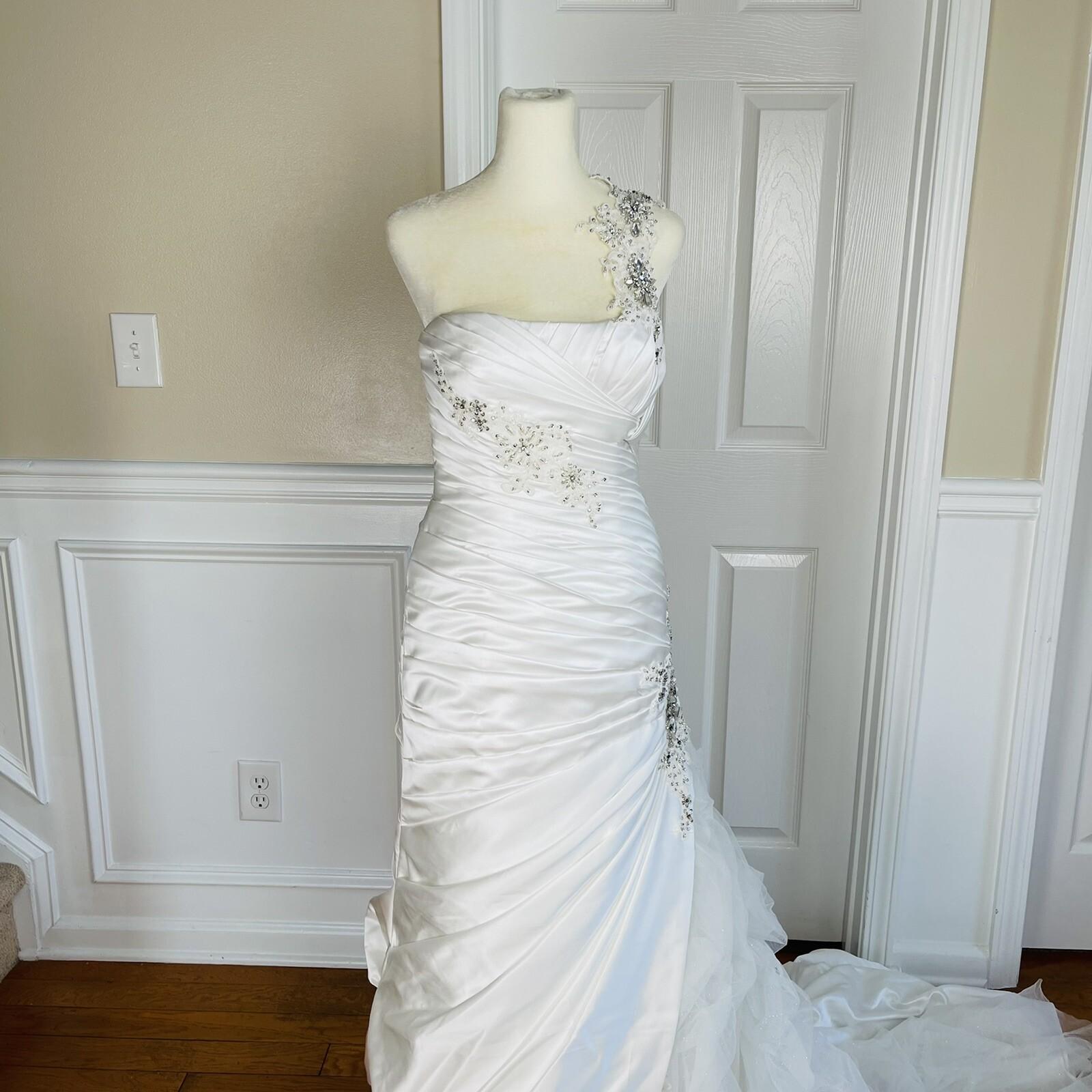 KITTY CHEN White Beaded One Shoulder Pleated Lace Corset Wedding Dress Size 2-4